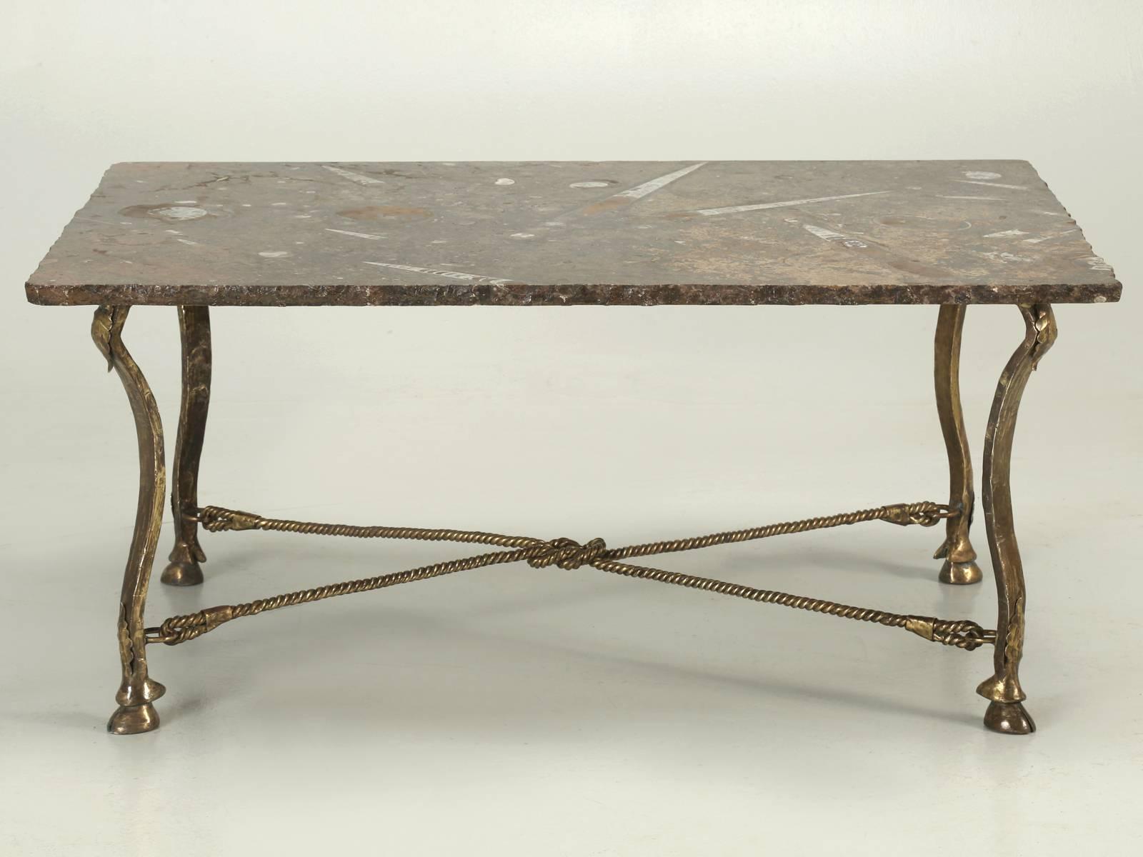 French Coffee Table Fossil Stone with Gilded Hoof Feet  and Twisted Rope Base 1