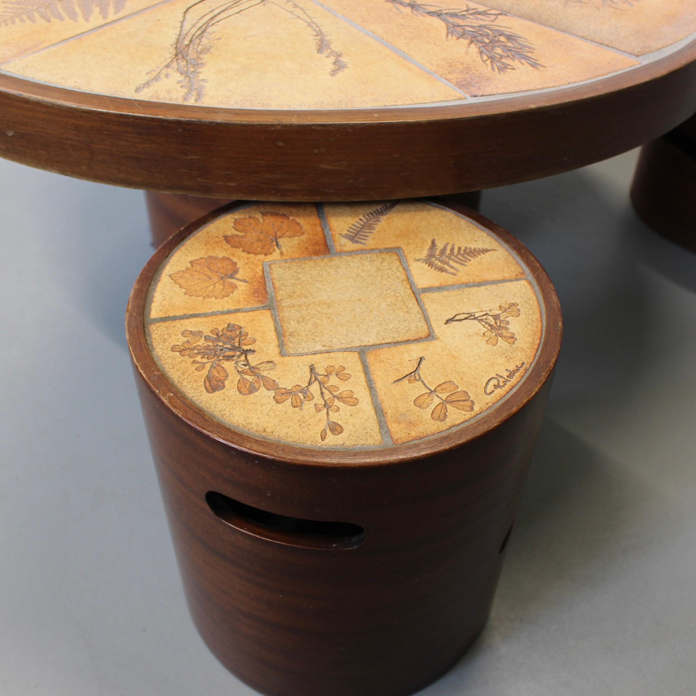 Vintage French Coffee Table Set with Ceramic Top by Raymonde Leduc (circa 1970s) For Sale 6