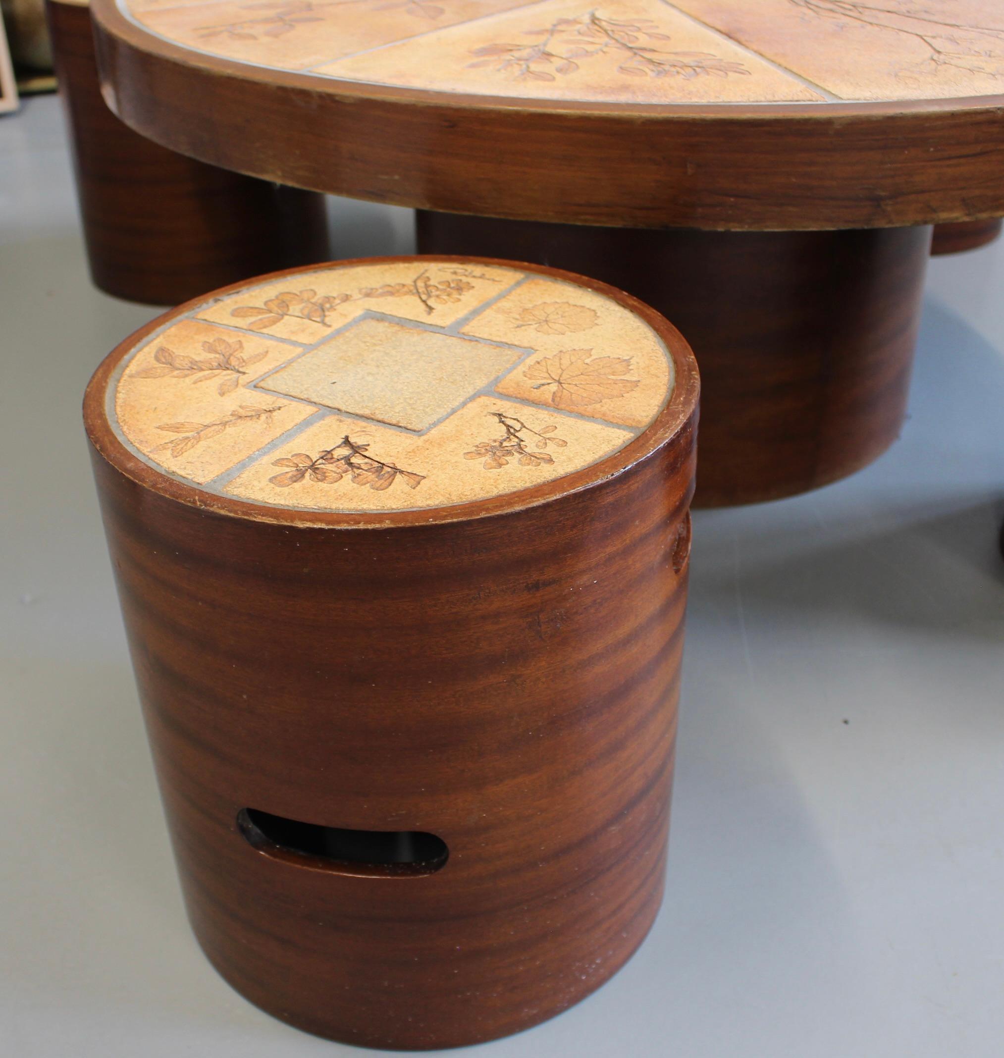 Late 20th Century Vintage French Coffee Table Set with Ceramic Top by Raymonde Leduc (circa 1970s) For Sale