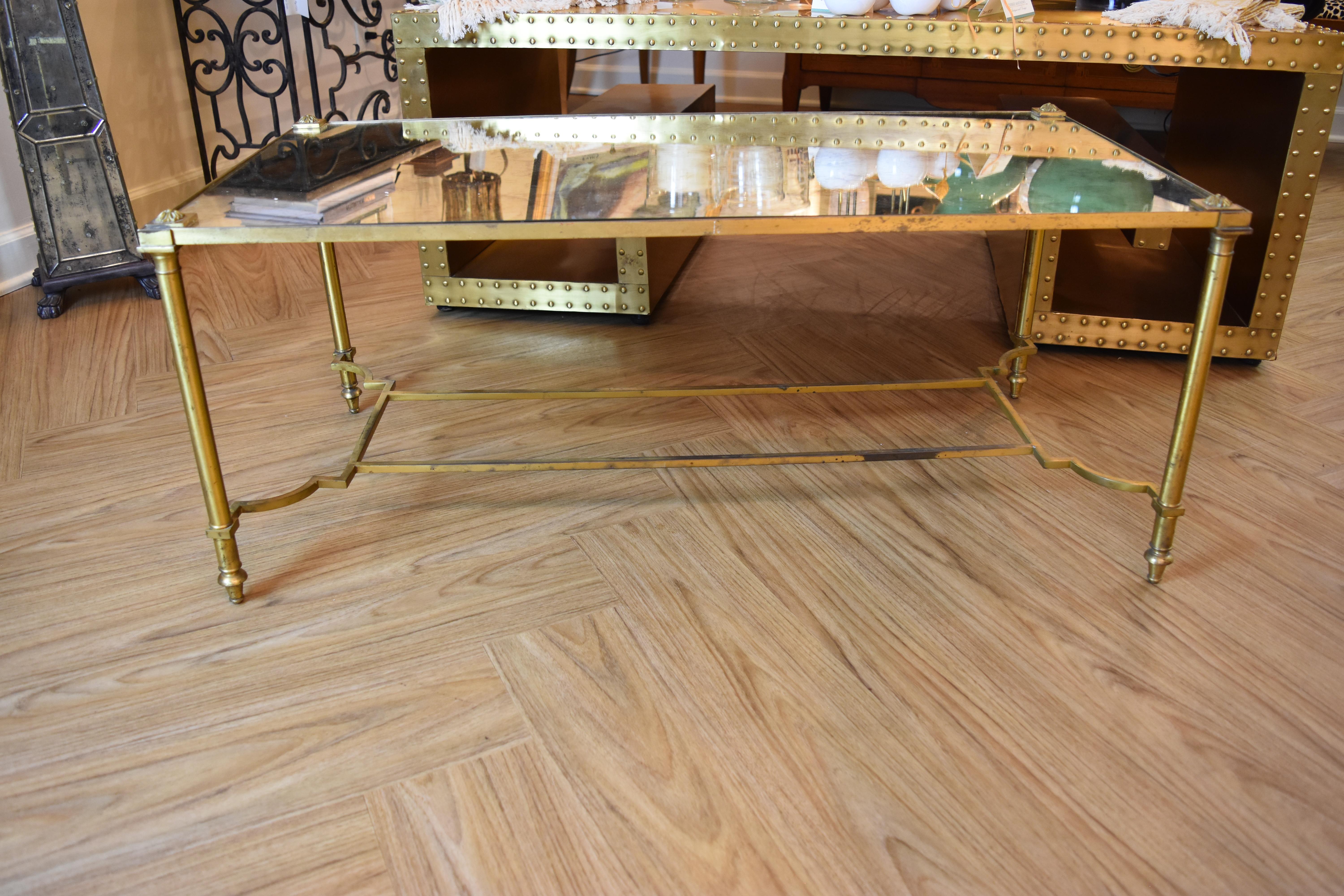 Brass Vintage French Coffee Table with Antiqued Mirrored Top