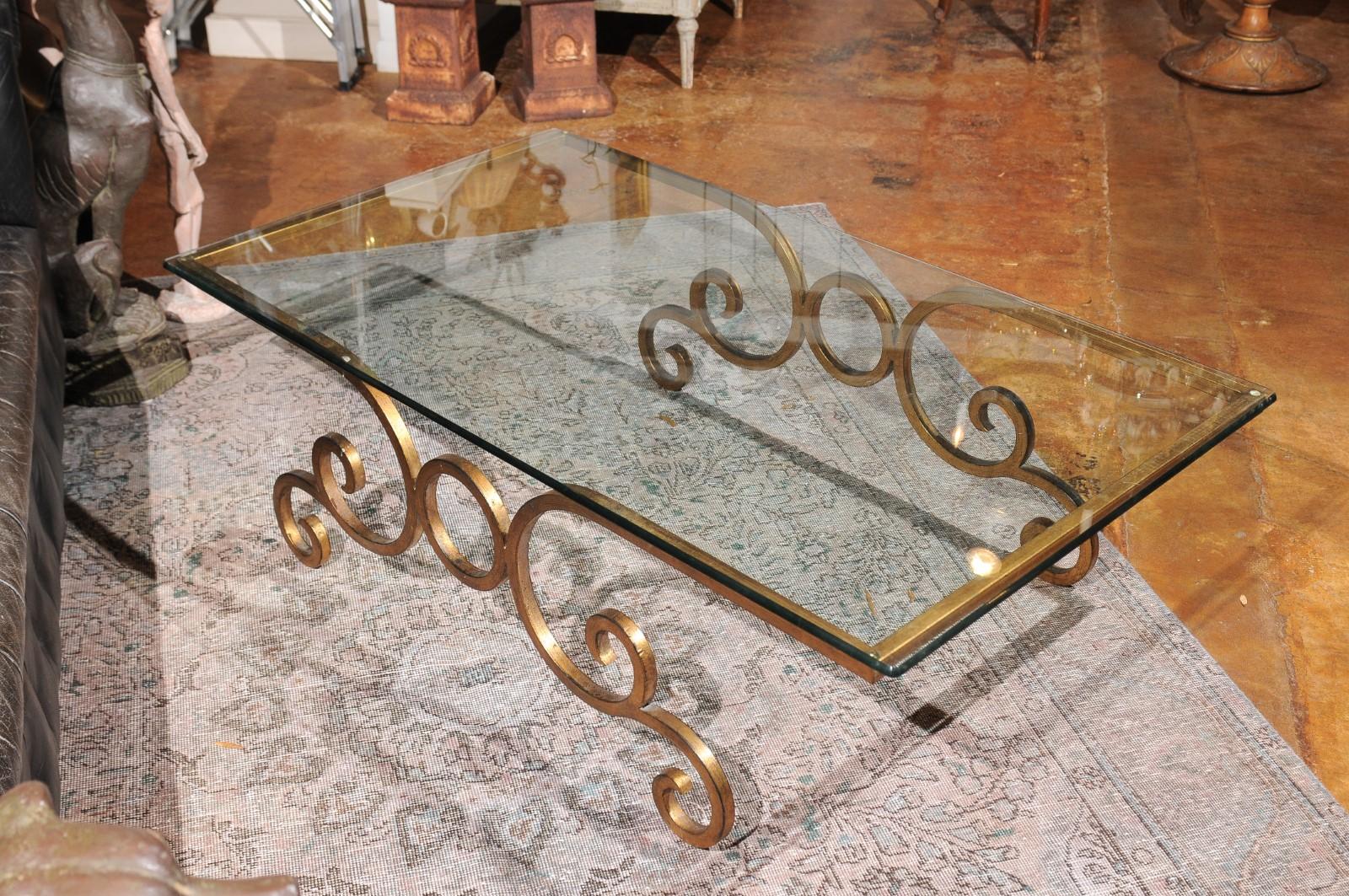 Vintage French Coffee Table with Glass Top and Gilt Metal Scrolling Base 7