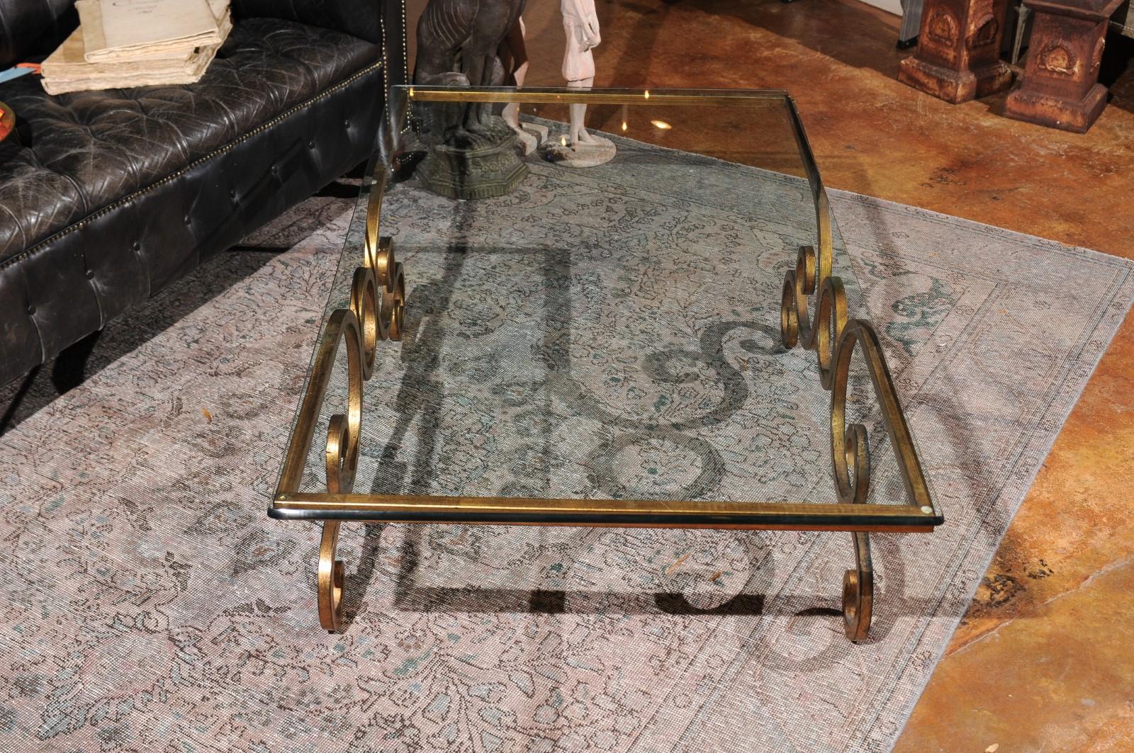 Vintage French Coffee Table with Glass Top and Gilt Metal Scrolling Base 3