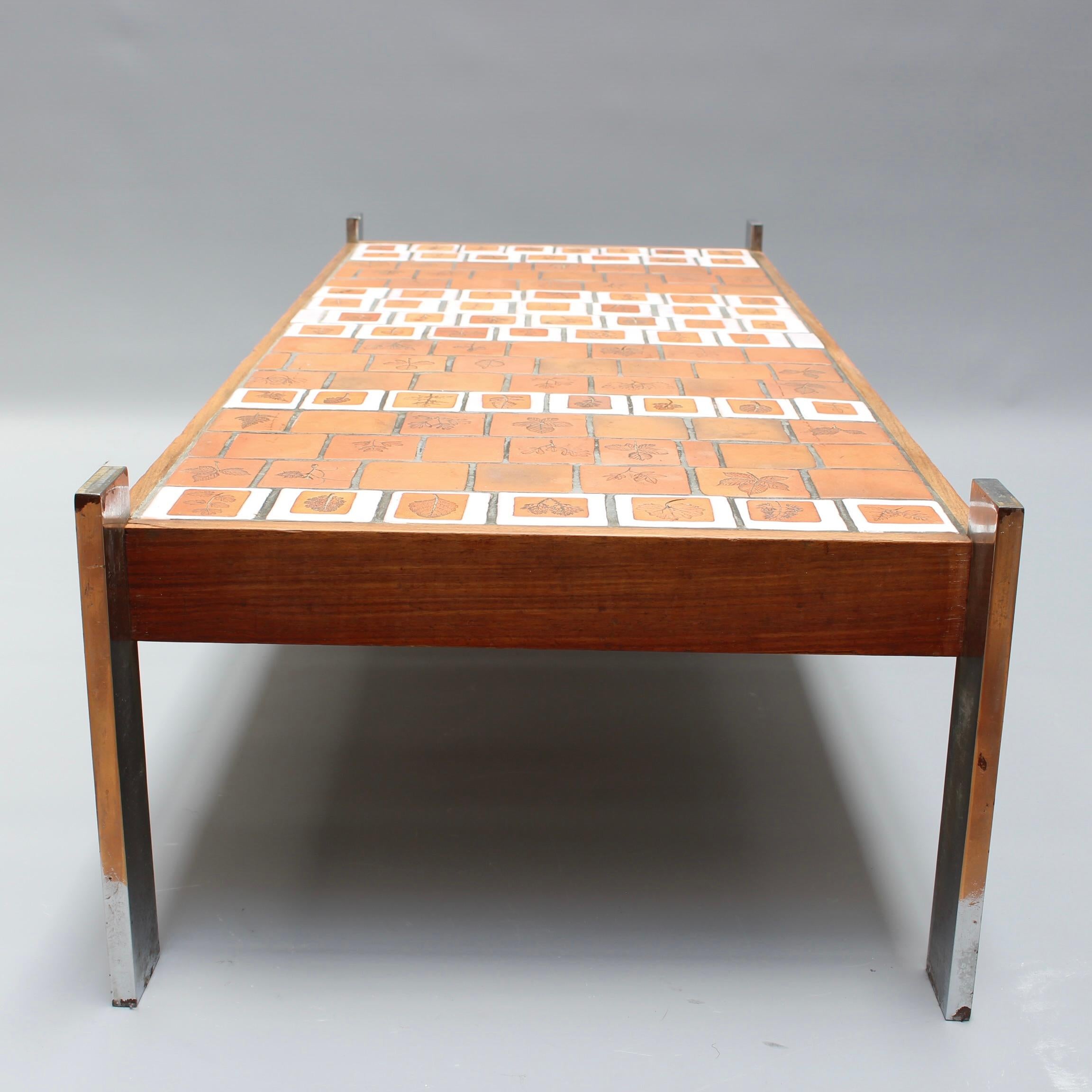 Vintage French Coffee Table with Leaf Motif Tiles by Roger Capron (circa 1970s) For Sale 7