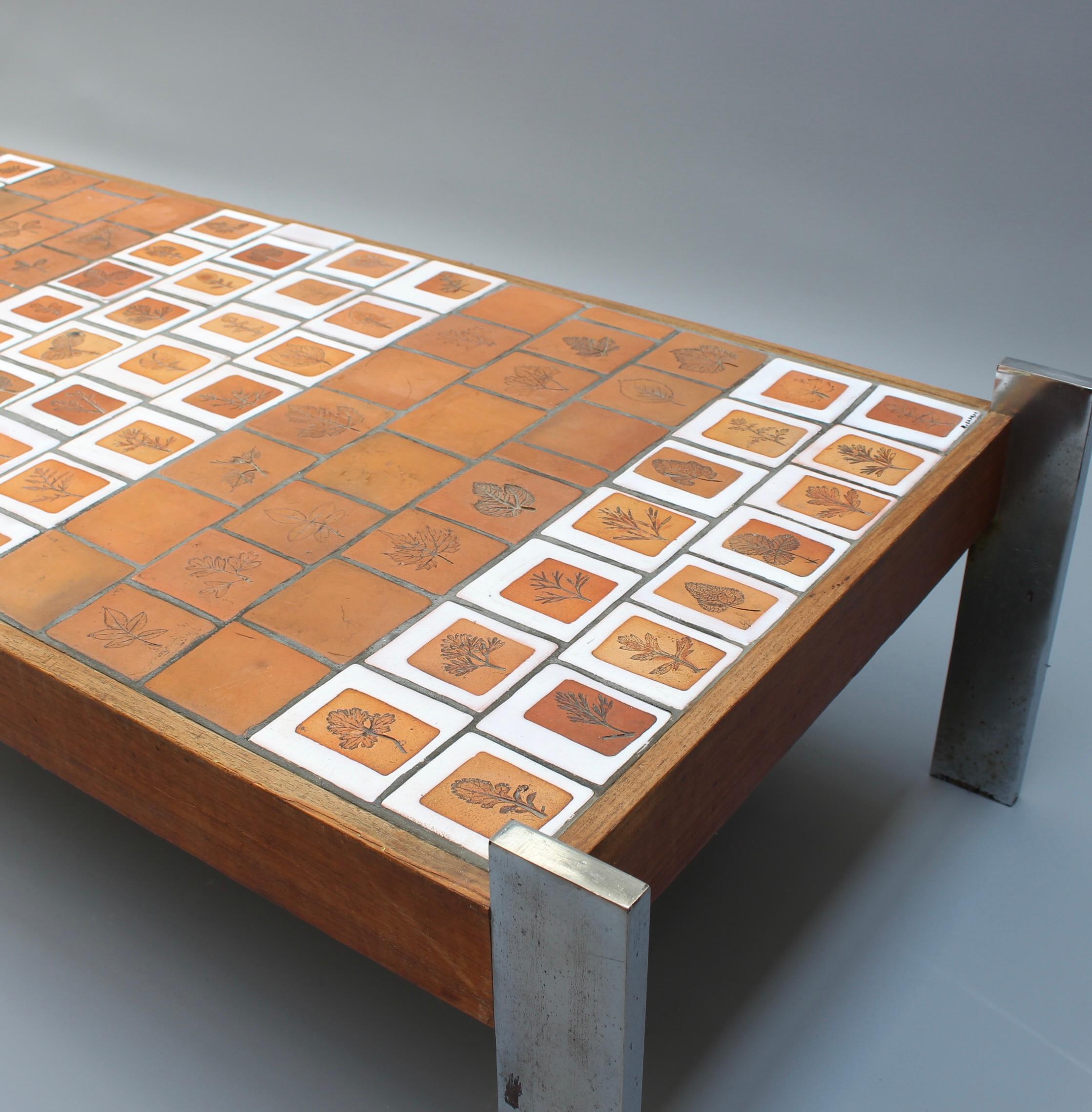 Vintage French Coffee Table with Leaf Motif Tiles by Roger Capron (circa 1970s) For Sale 15