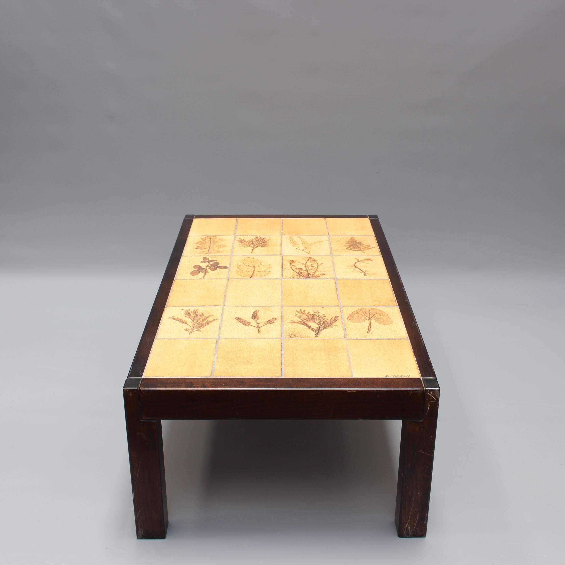 Vintage French Coffee Table with Leaf Motif Tiles by Roger Capron (circa 1970s) In Fair Condition For Sale In London, GB