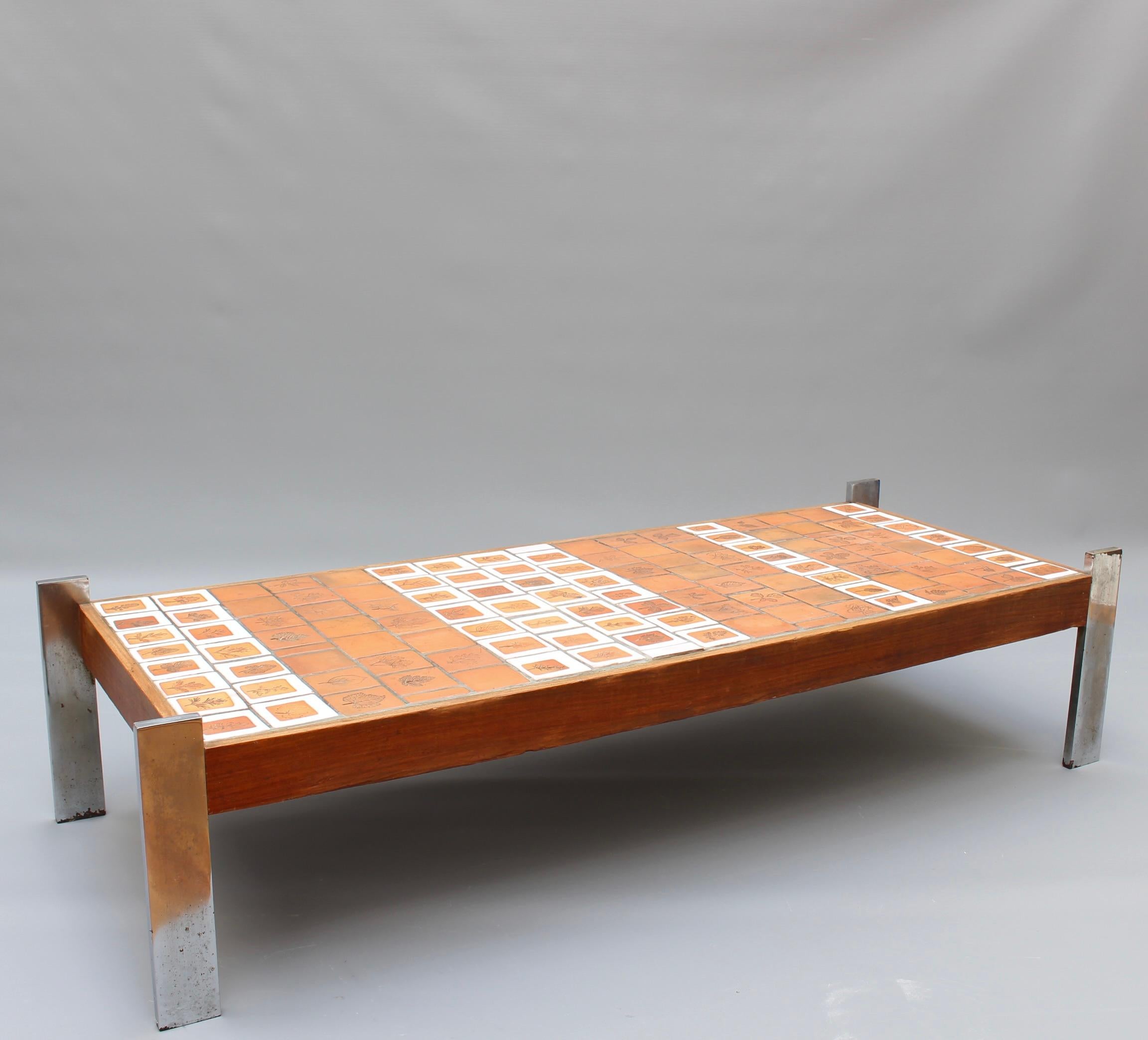 Late 20th Century Vintage French Coffee Table with Leaf Motif Tiles by Roger Capron (circa 1970s) For Sale