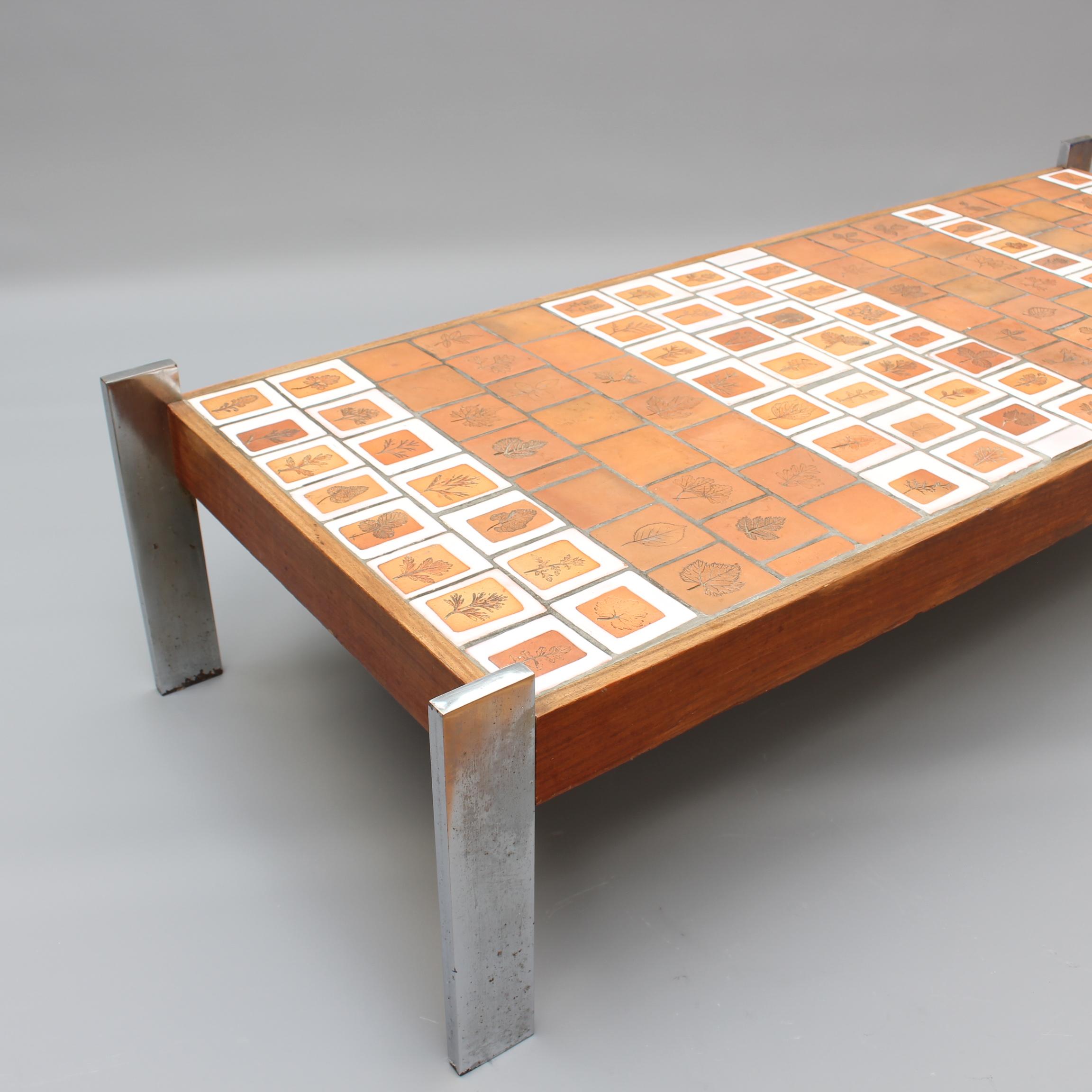 Ceramic Vintage French Coffee Table with Leaf Motif Tiles by Roger Capron (circa 1970s) For Sale