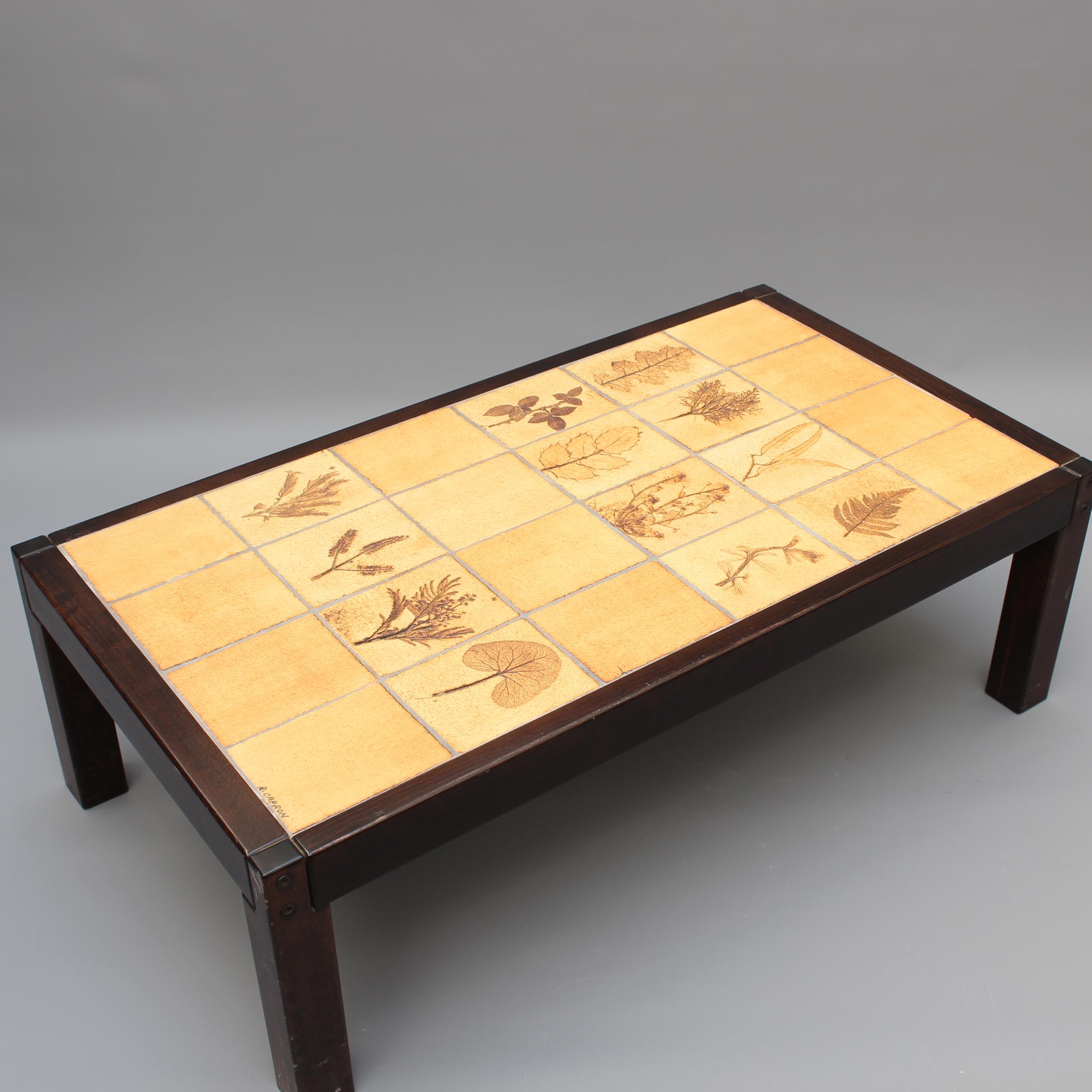 Ceramic Vintage French Coffee Table with Leaf Motif Tiles by Roger Capron (circa 1970s) For Sale