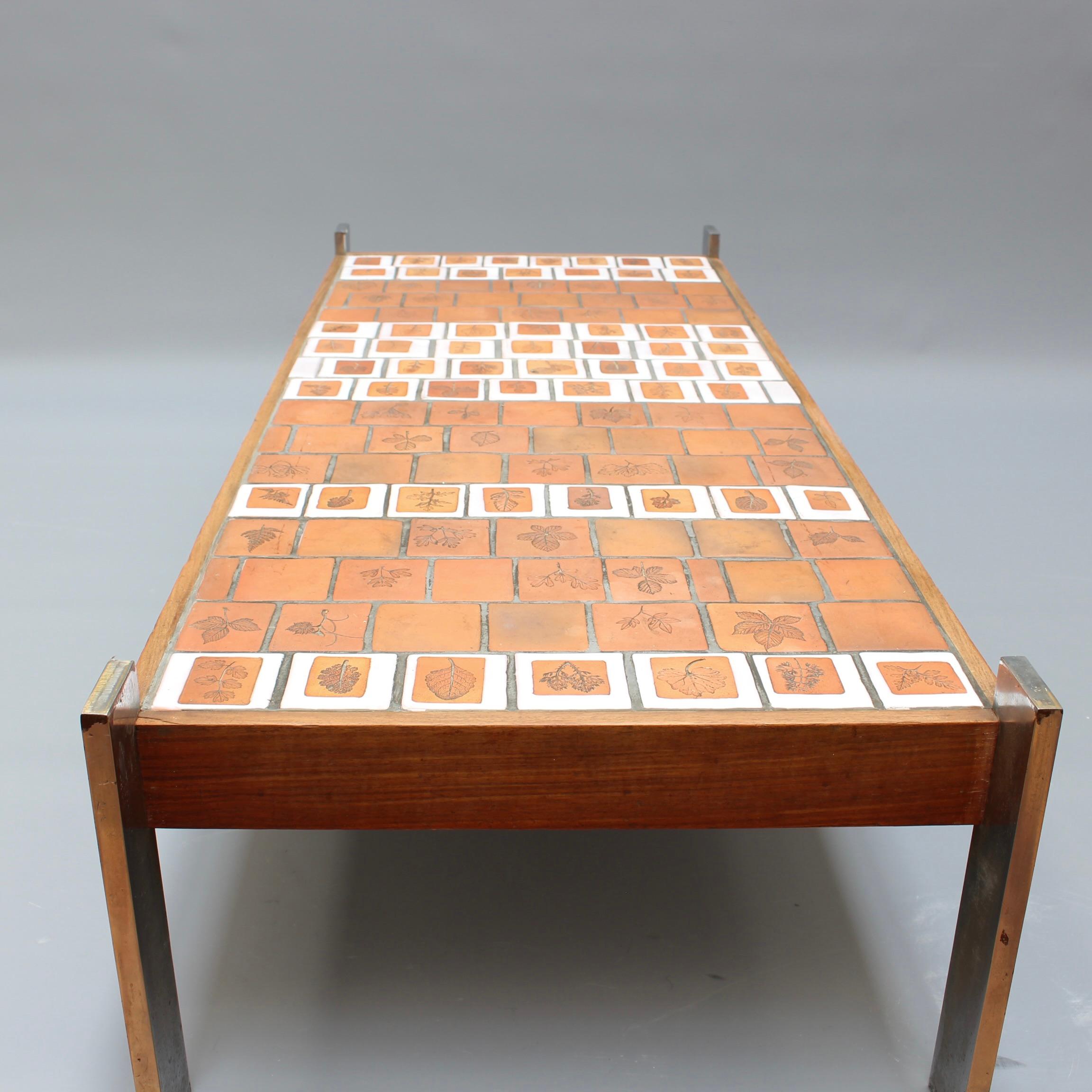Vintage French Coffee Table with Leaf Motif Tiles by Roger Capron (circa 1970s) For Sale 4