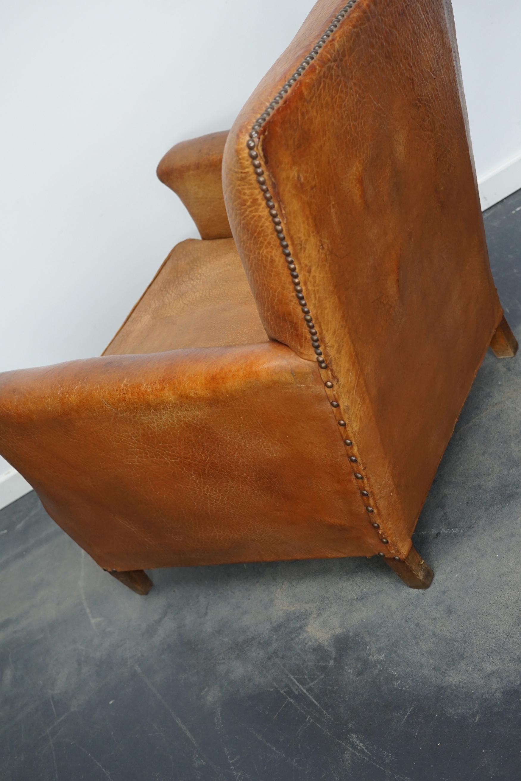 Vintage French Cognac-Colored Leather Club Chair, 1940s For Sale 7