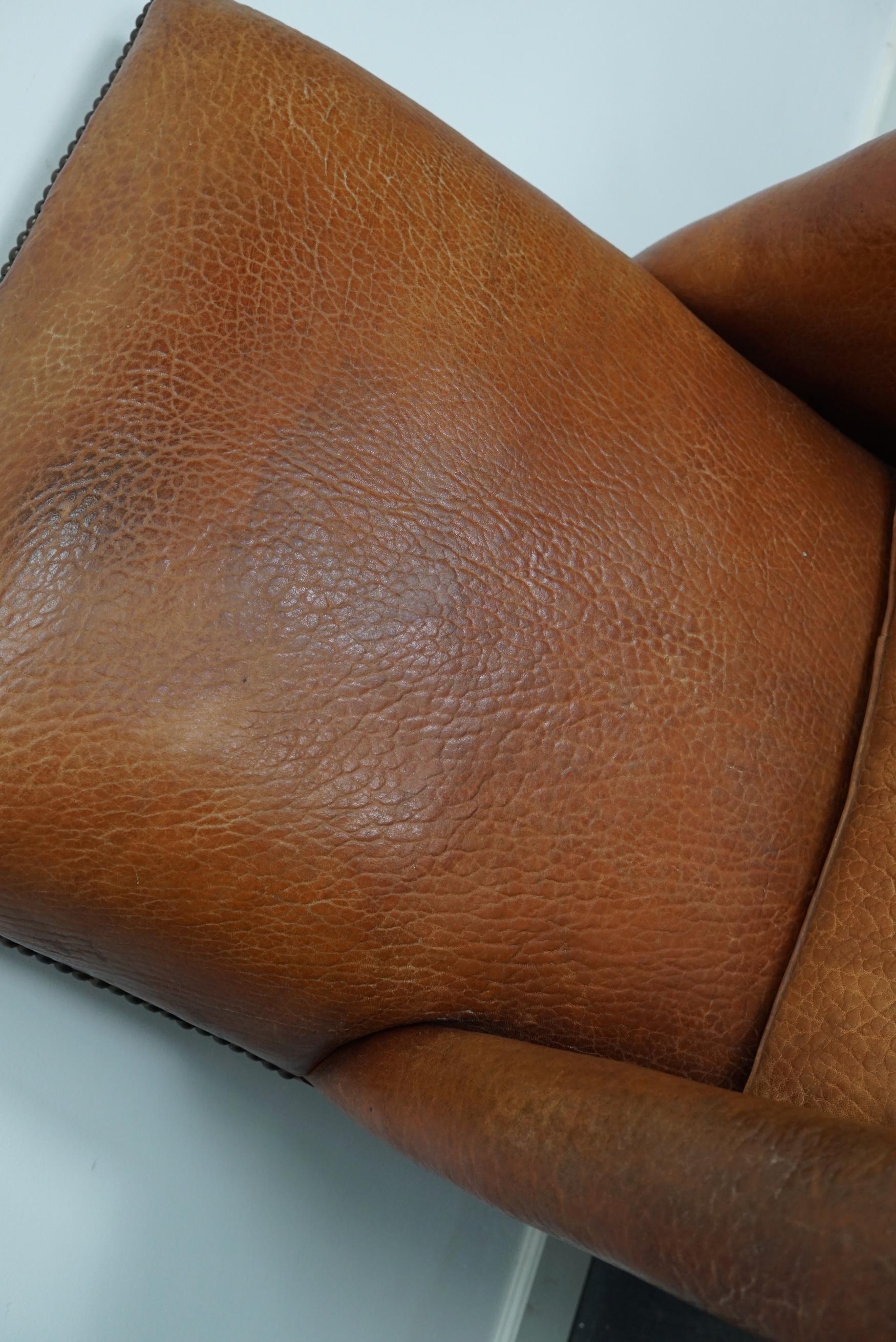 Vintage French Cognac-Colored Leather Club Chair, 1940s In Good Condition For Sale In Nijmegen, NL