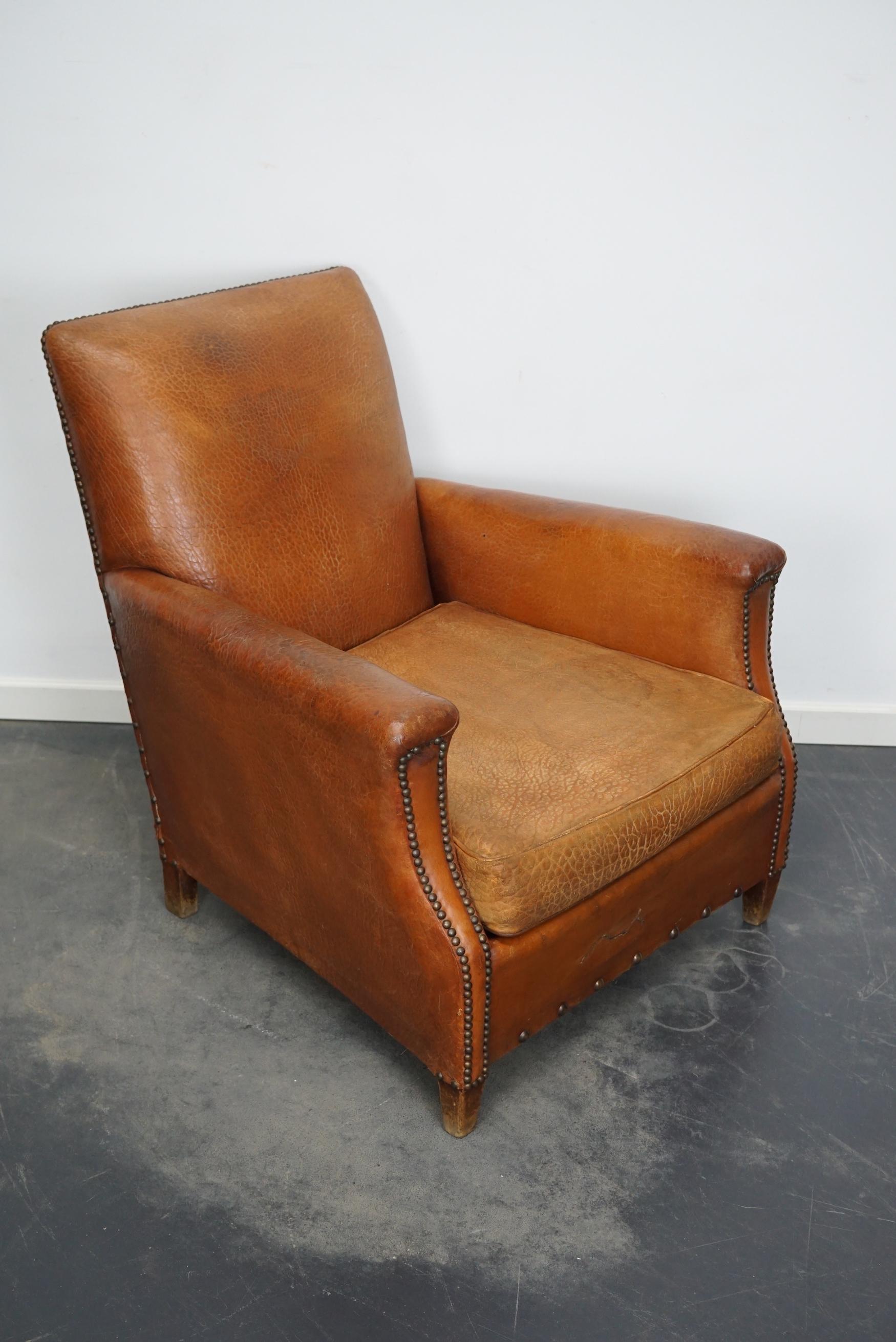 Vintage French Cognac-Colored Leather Club Chair, 1940s For Sale 1