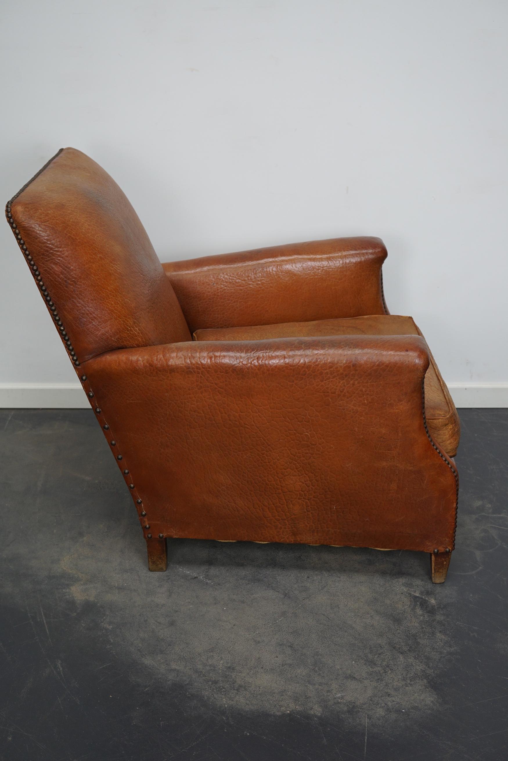 Mid-20th Century Vintage French Cognac-Colored Leather Club Chair, 1940s For Sale