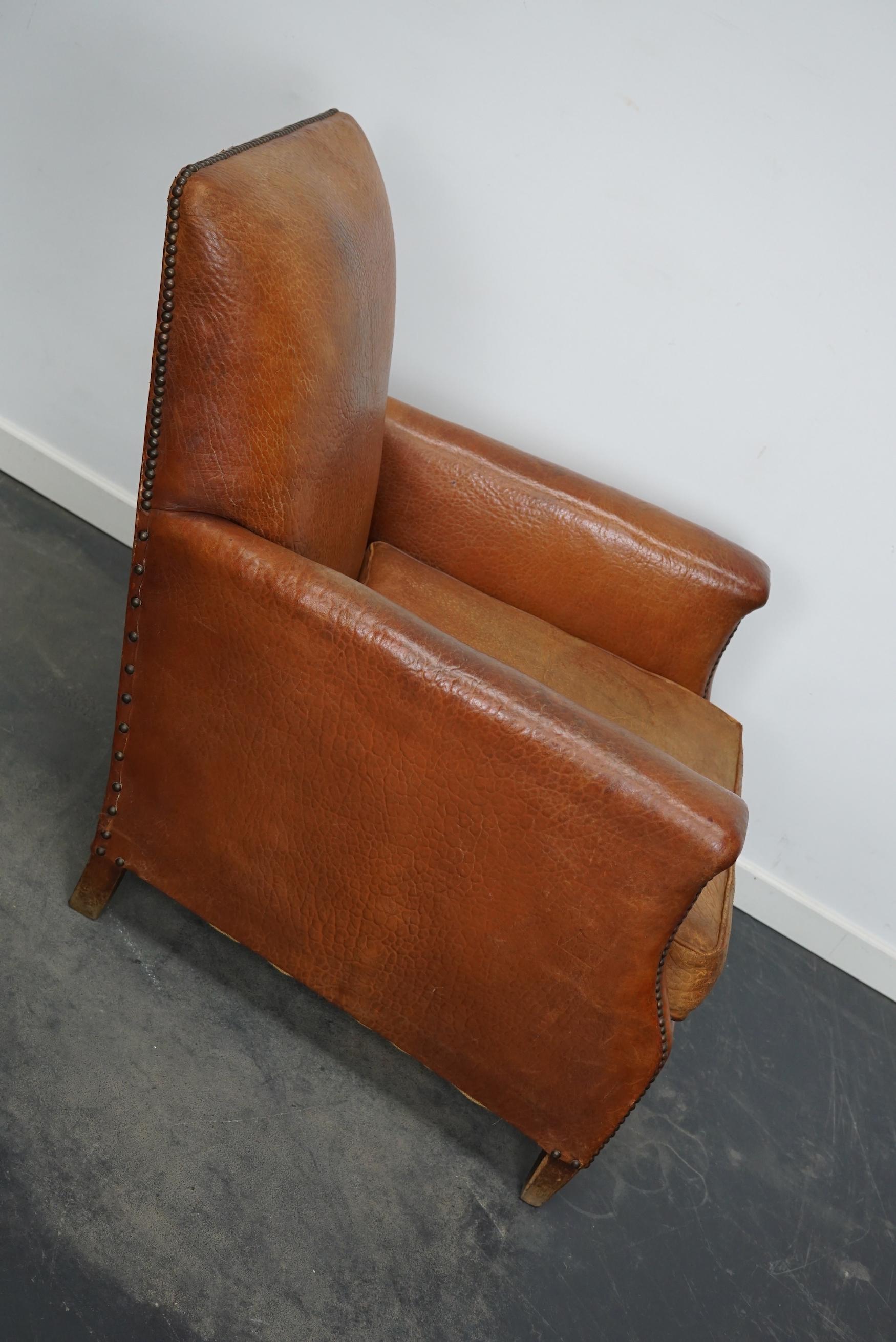 Vintage French Cognac-Colored Leather Club Chair, 1940s For Sale 1