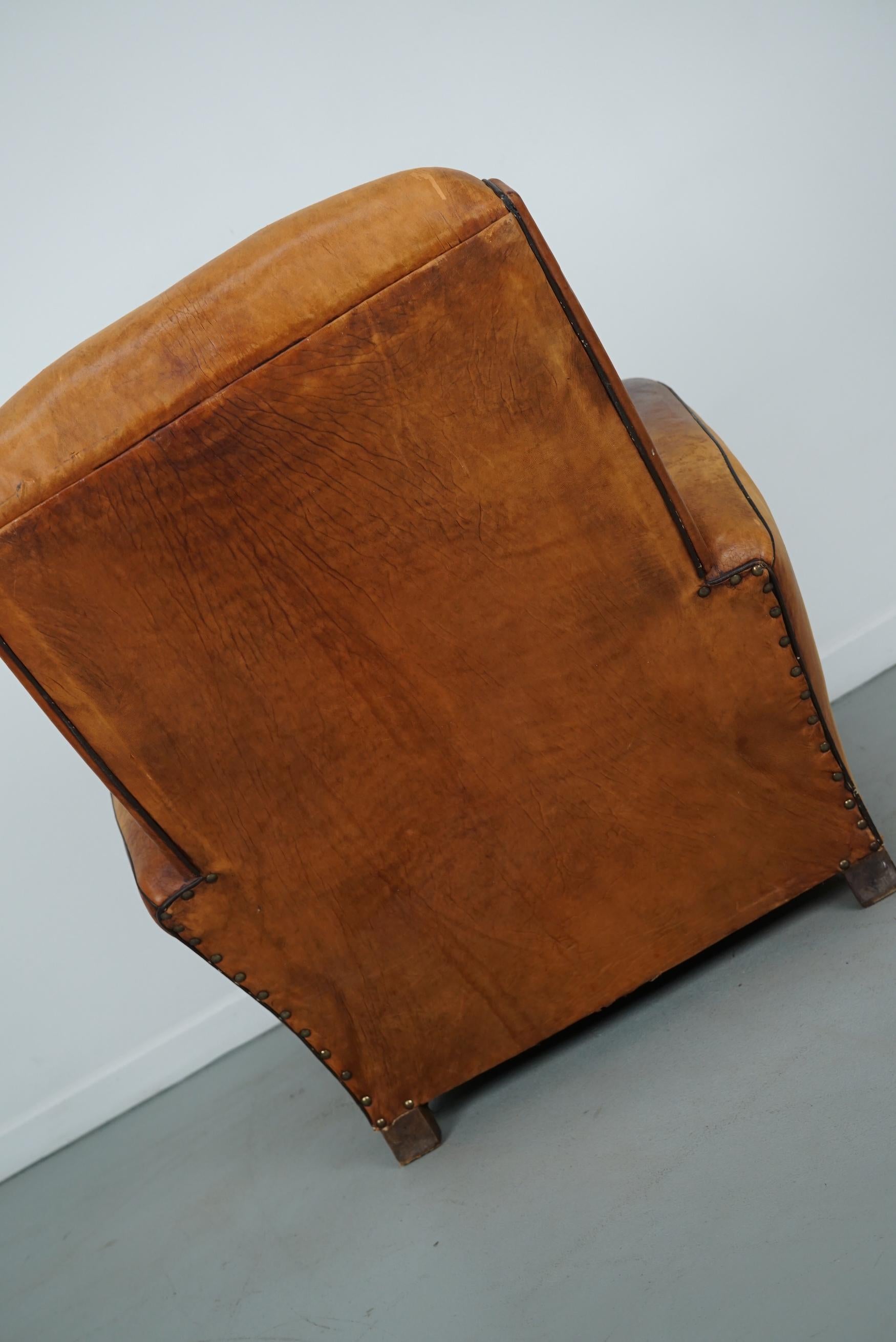 Vintage French Cognac-Colored Leather Club Chair, 1950s For Sale 9