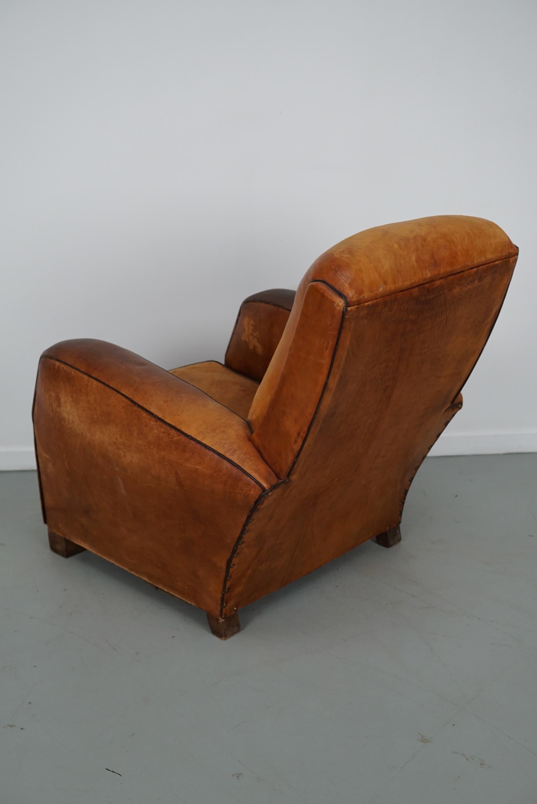 Vintage French Cognac-Colored Leather Club Chair, 1950s For Sale 11