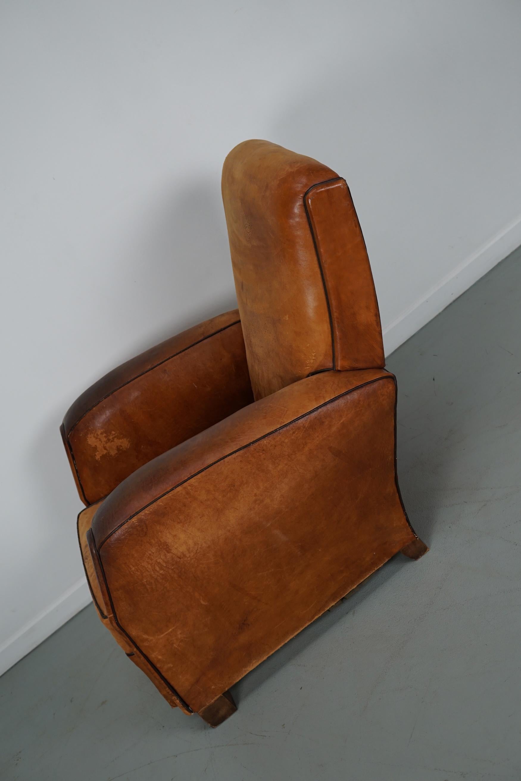 Vintage French Cognac-Colored Leather Club Chair, 1950s For Sale 14