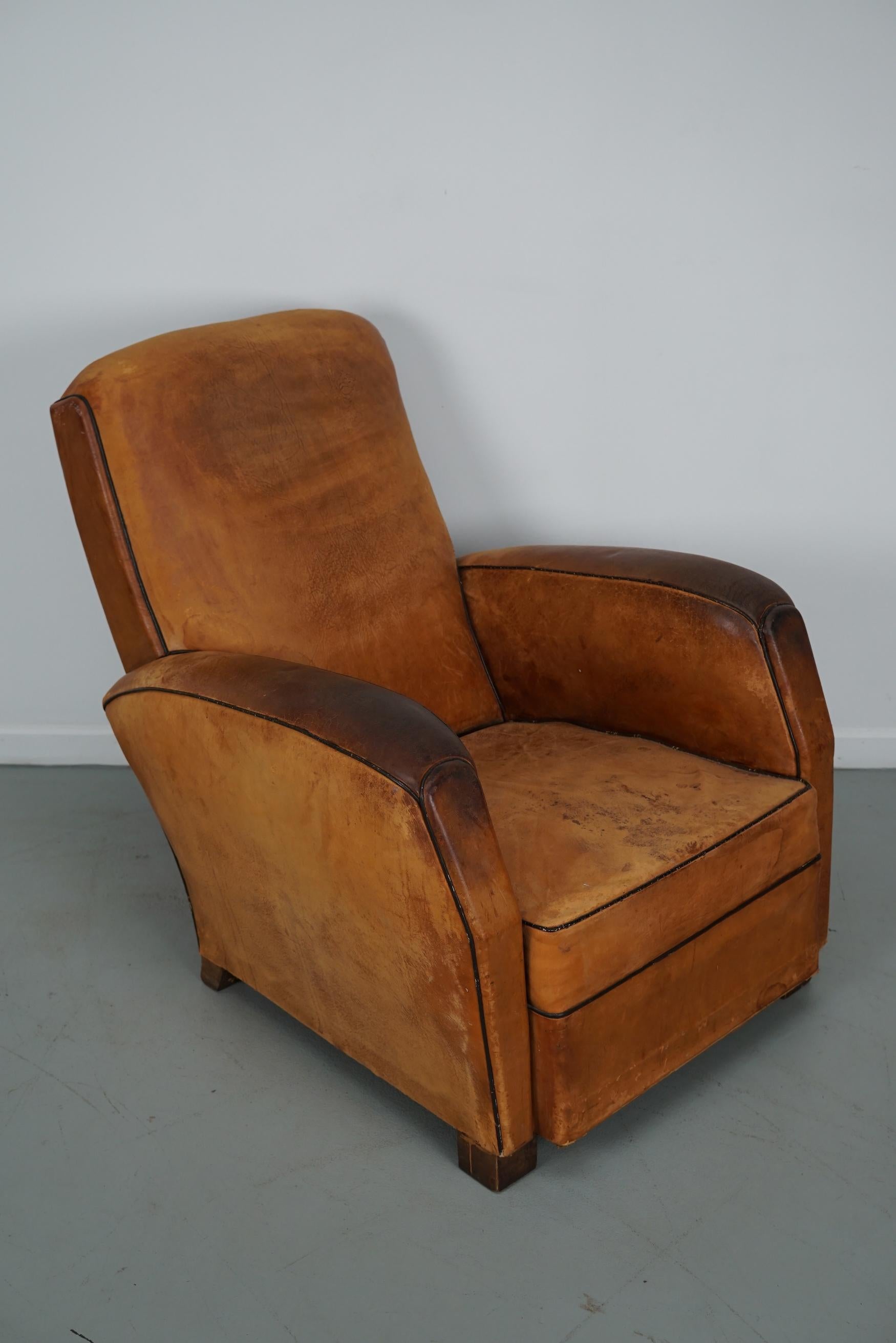 Vintage French Cognac-Colored Leather Club Chair, 1950s For Sale 1