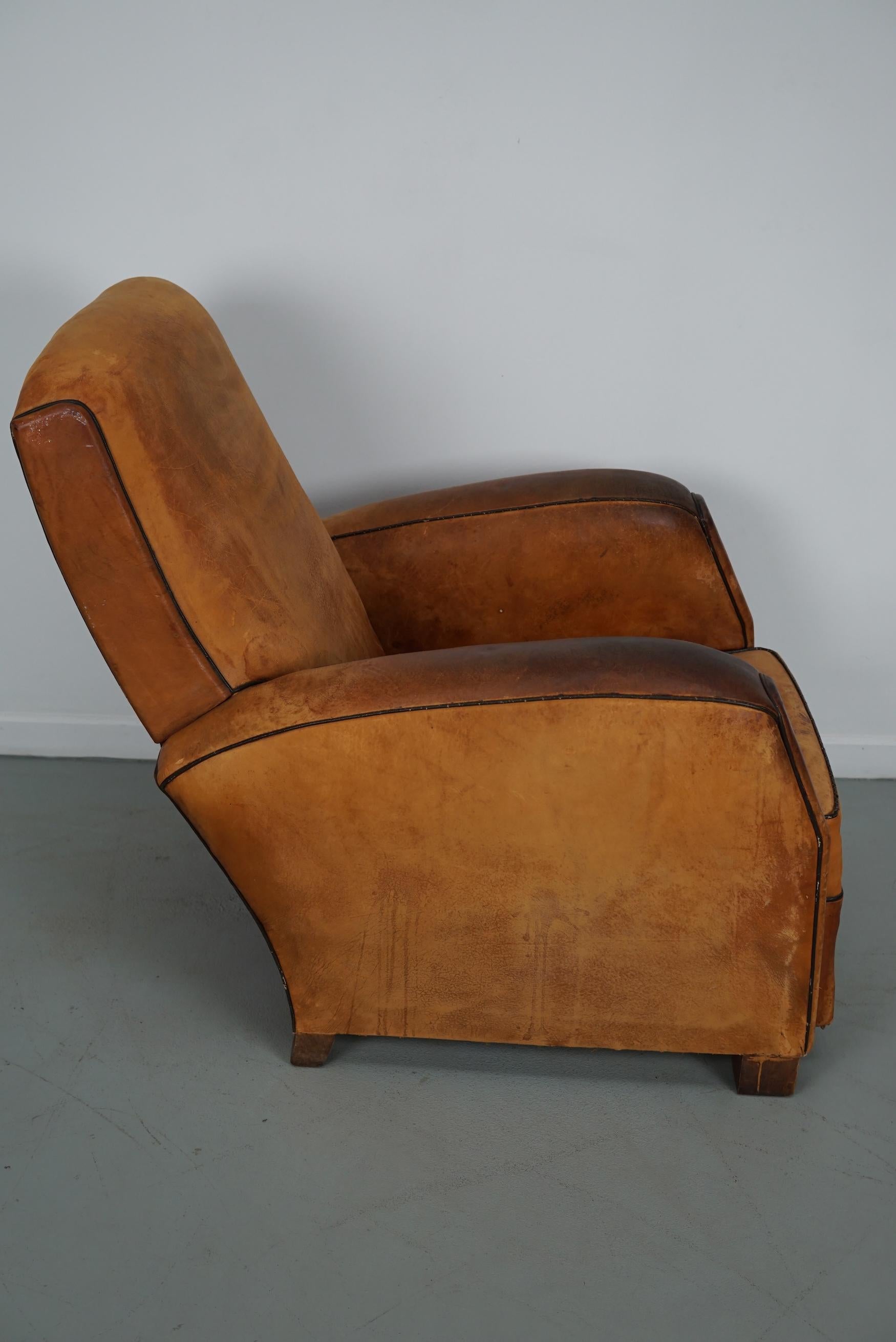 Vintage French Cognac-Colored Leather Club Chair, 1950s For Sale 4