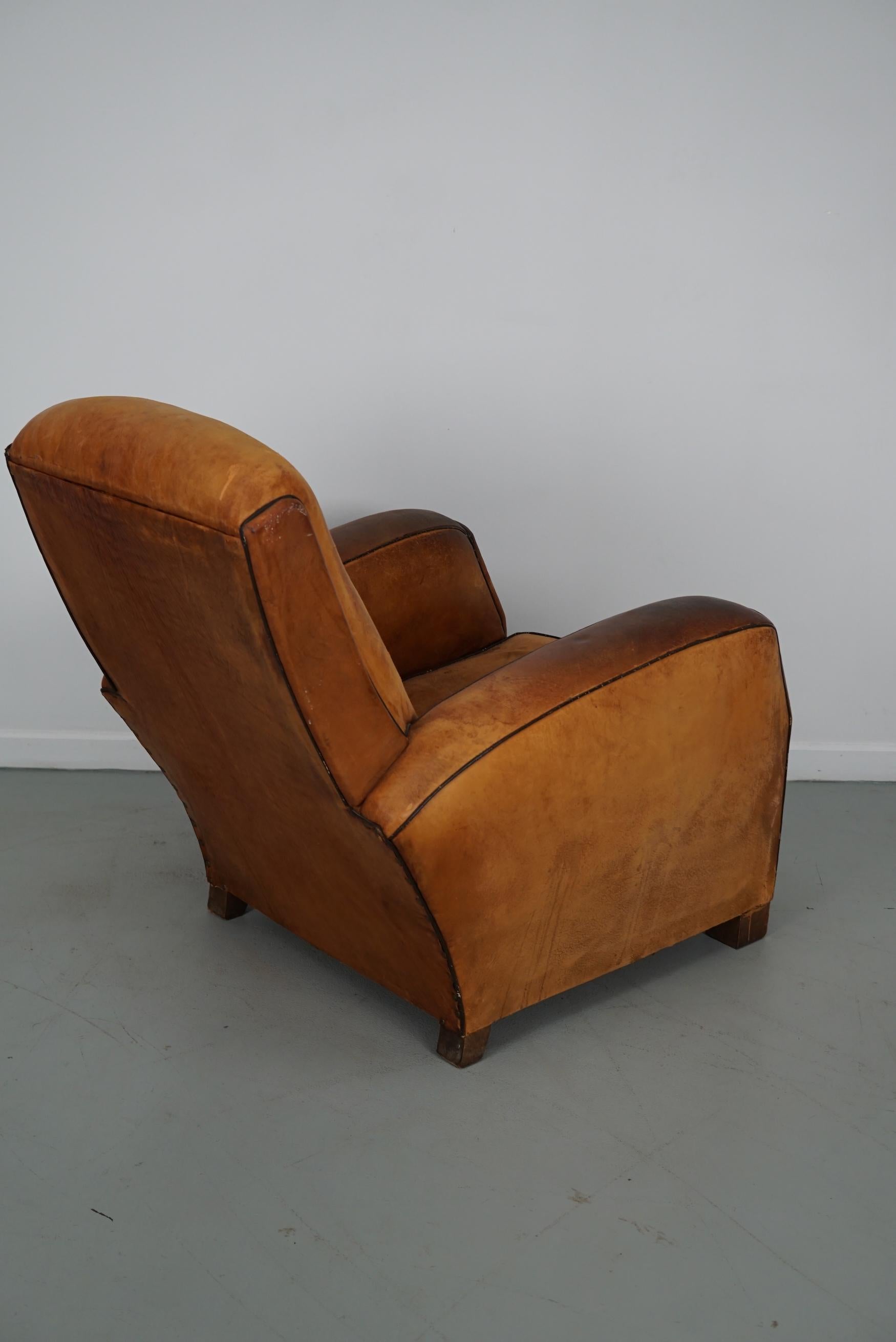 Vintage French Cognac-Colored Leather Club Chair, 1950s For Sale 5