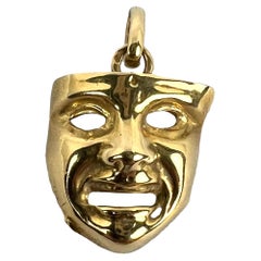 Vintage French Comedy Tragedy Theatre Drama Mask 18K Yellow Gold Charm Pendentif