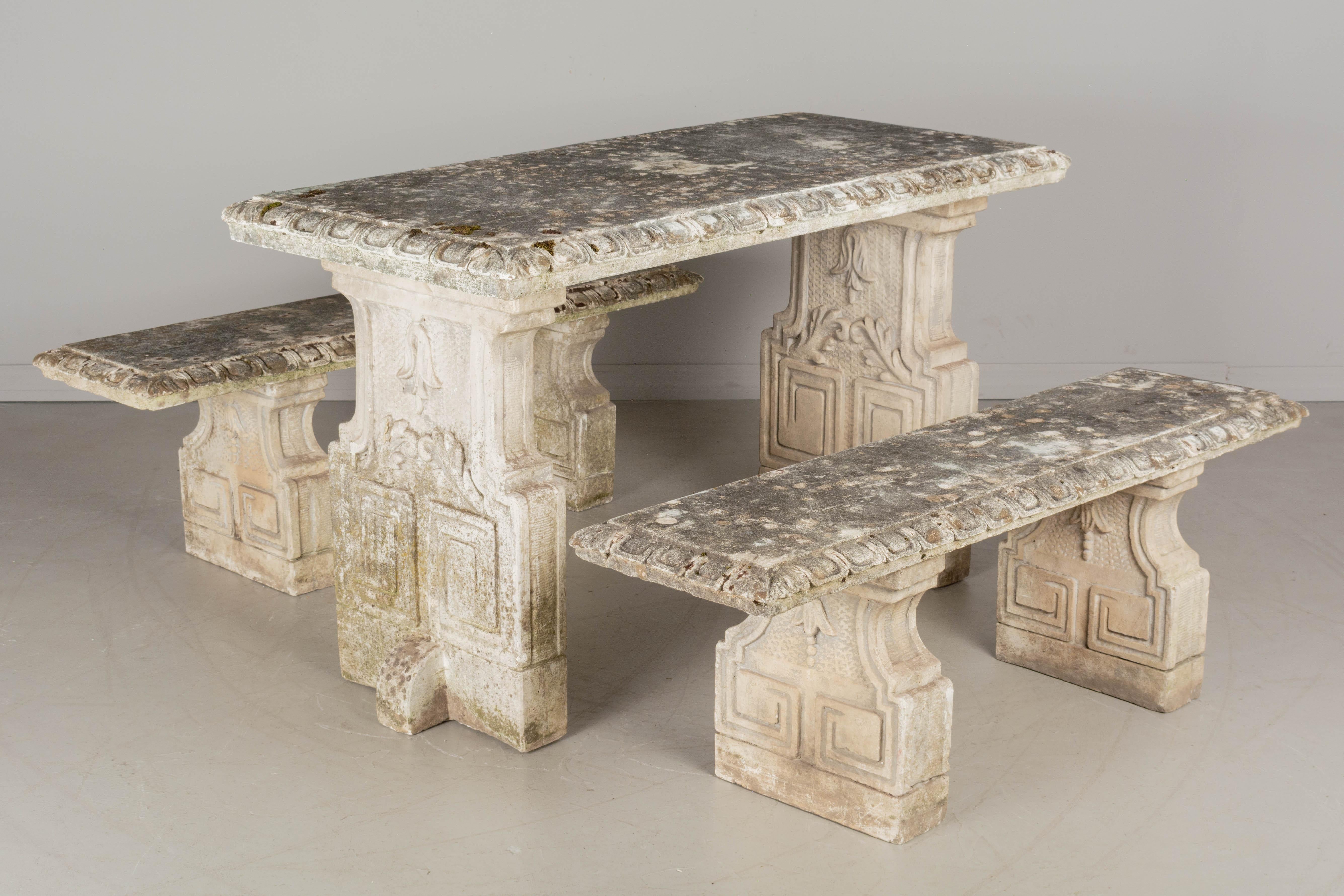 Beaux Arts Vintage French Concrete Garden Table and Bench Set For Sale