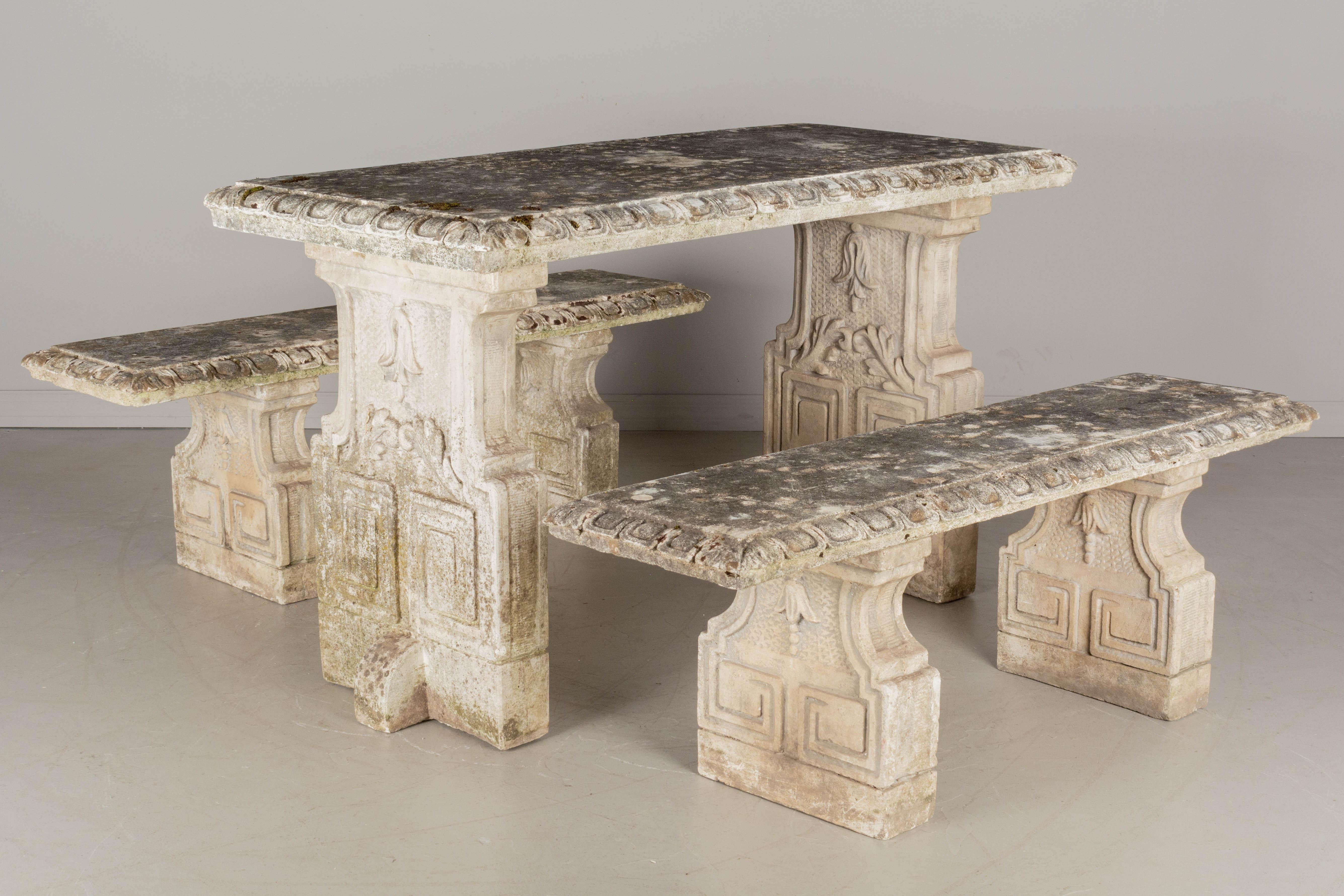 Cast Vintage French Concrete Garden Table and Bench Set For Sale