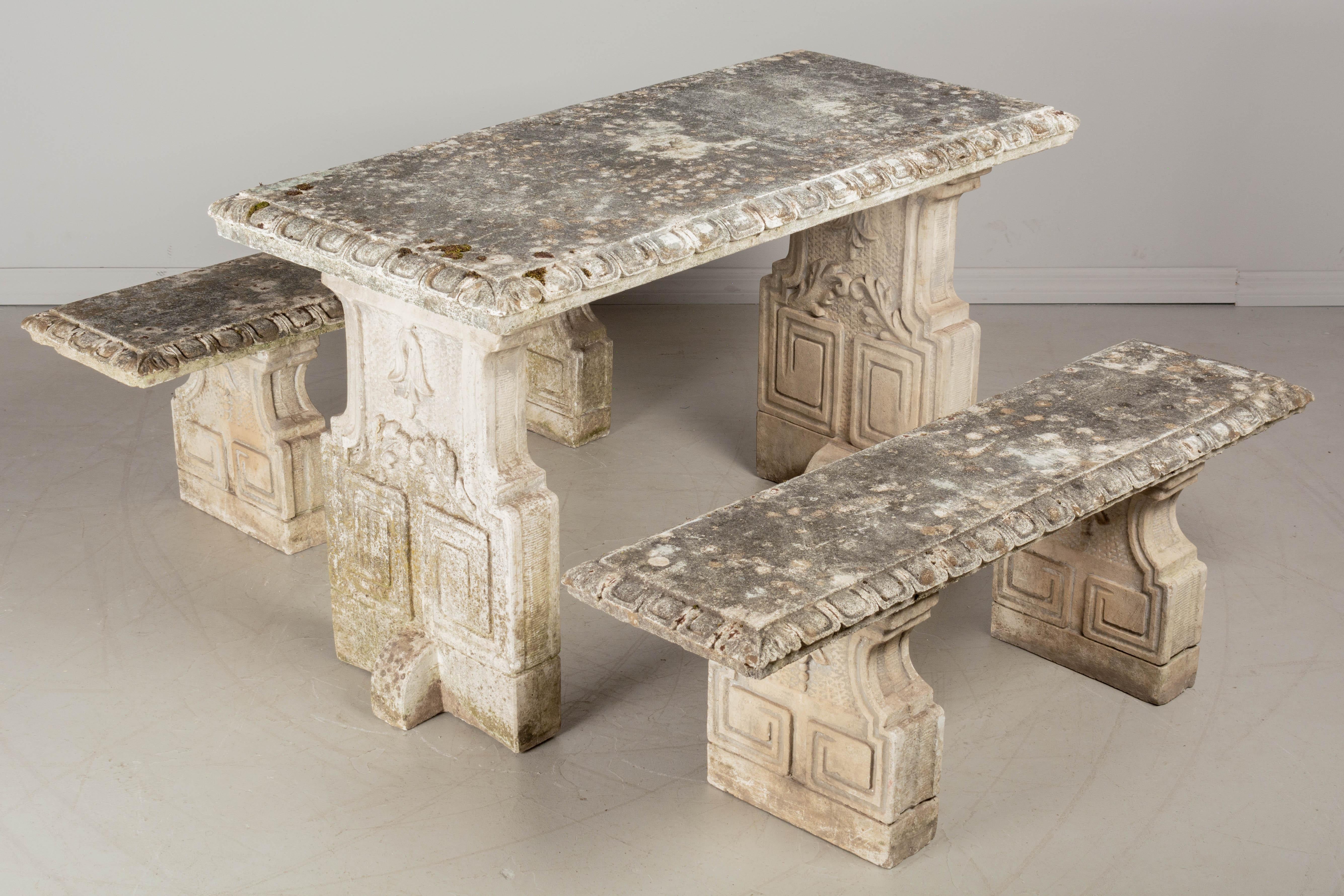 Vintage French Concrete Garden Table and Bench Set In Good Condition For Sale In Winter Park, FL