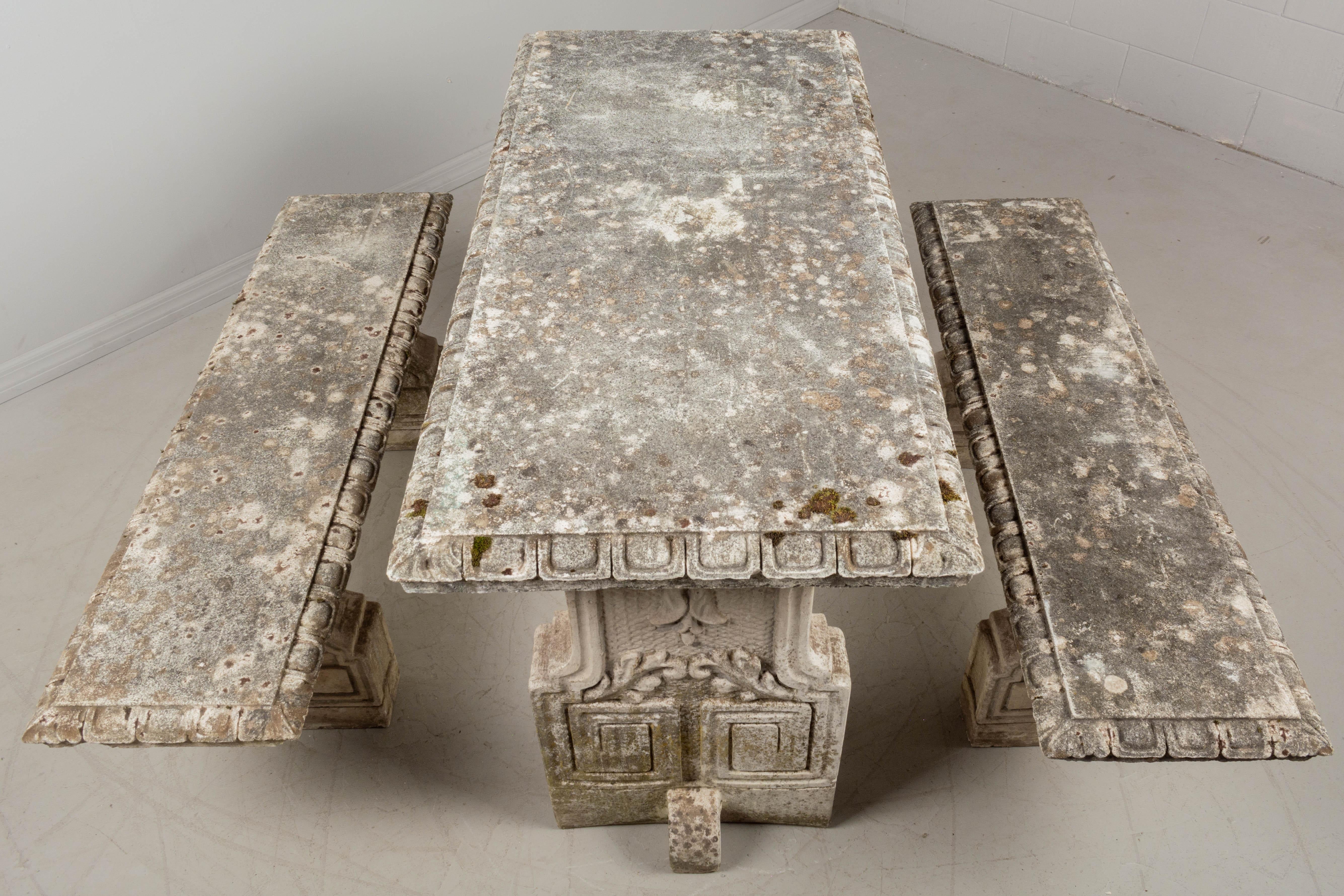 20th Century Vintage French Concrete Garden Table and Bench Set For Sale