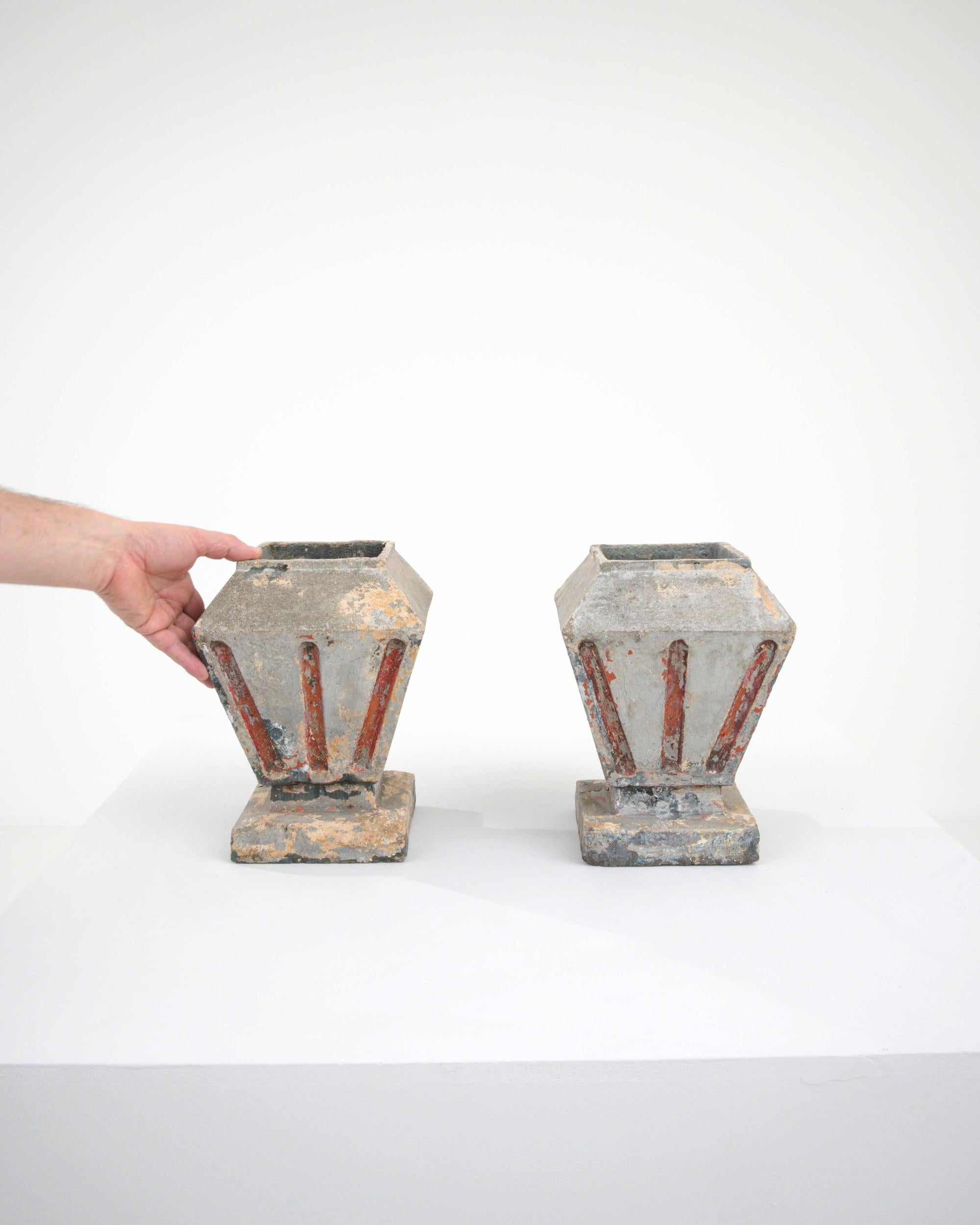 French Provincial Vintage French Concrete Urns, a Pair