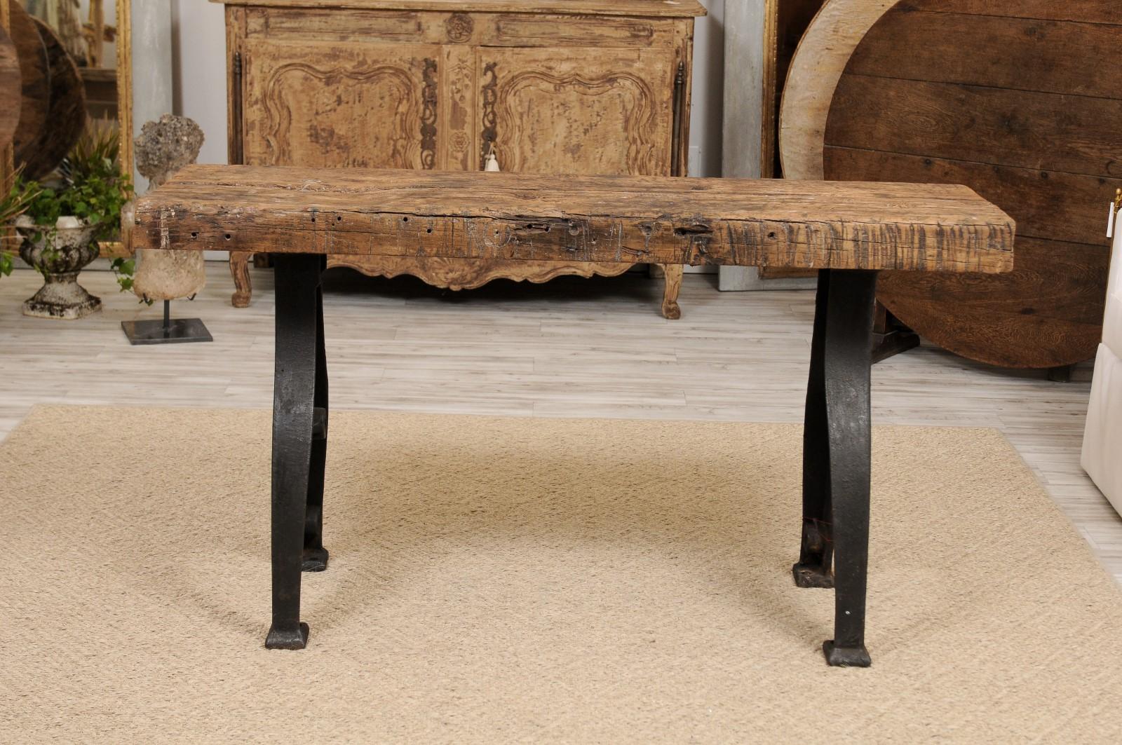 20th Century Vintage French Console Table with Oak Top and Industrial Iron Base, circa 1940s