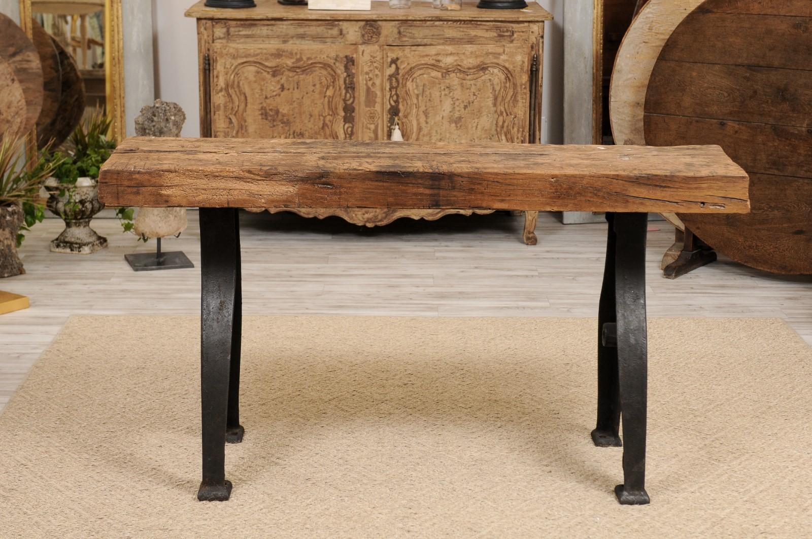 Vintage French Console Table with Oak Top and Industrial Iron Base, circa 1940s 2