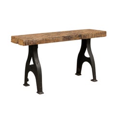 Vintage French Console Table with Oak Top and Industrial Iron Base, circa 1940s