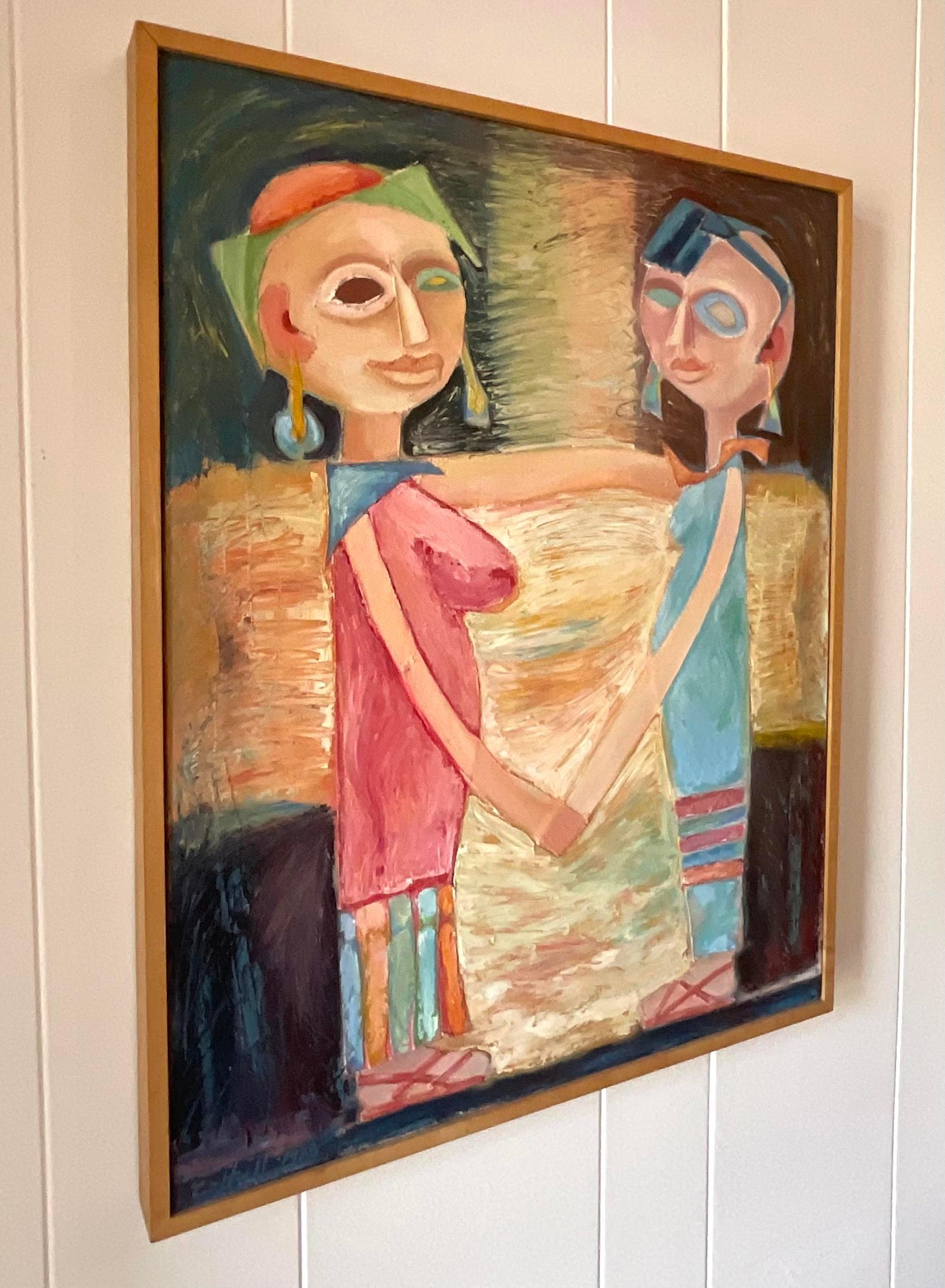 A fabulous vintage French original Mixed Media on canvas. A chic Modernist Figural in bright clear colors. Signed on the back. Acquired from a Palm Beach estate.