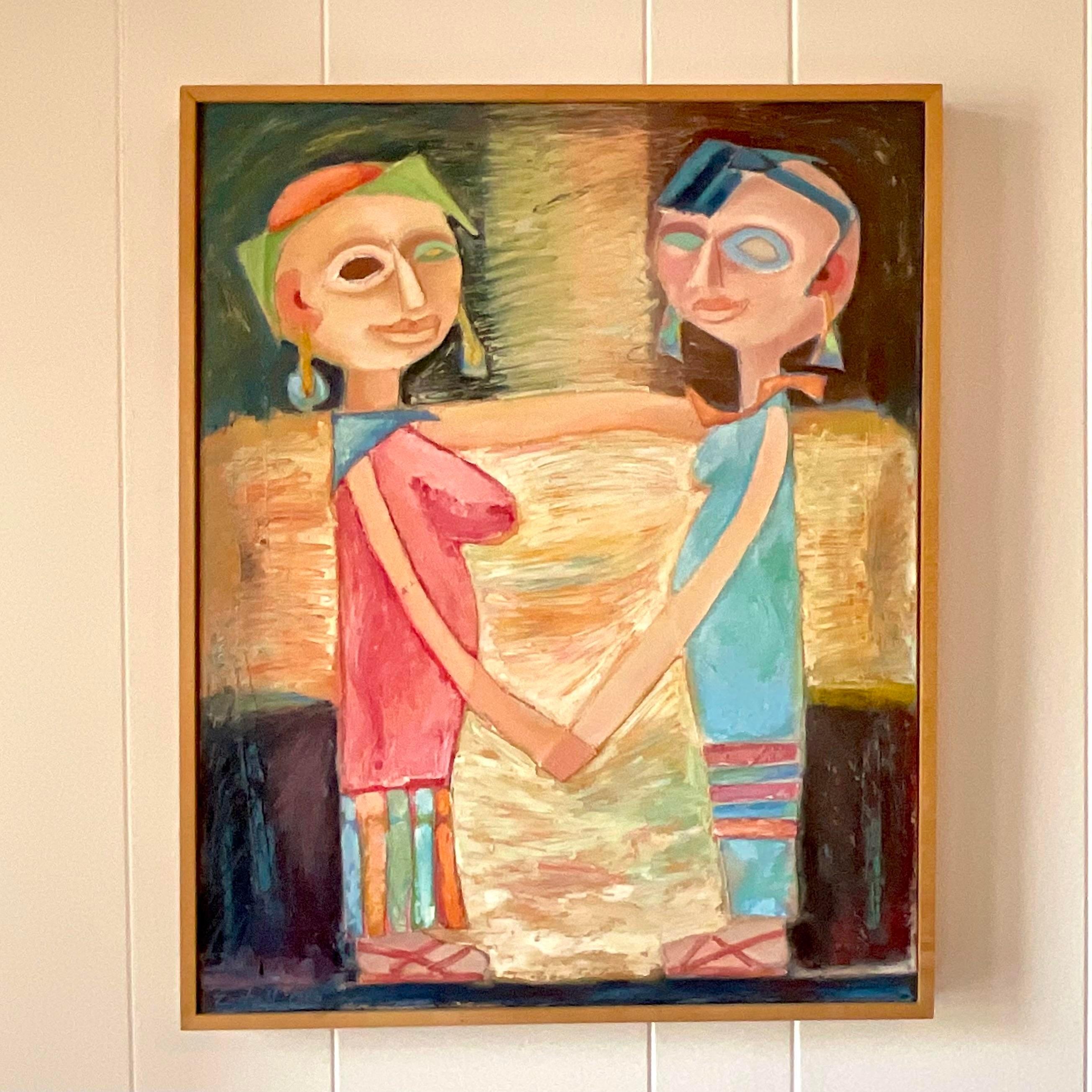 Vintage French Contemporary Modernist Figural on Canvas In Good Condition For Sale In west palm beach, FL