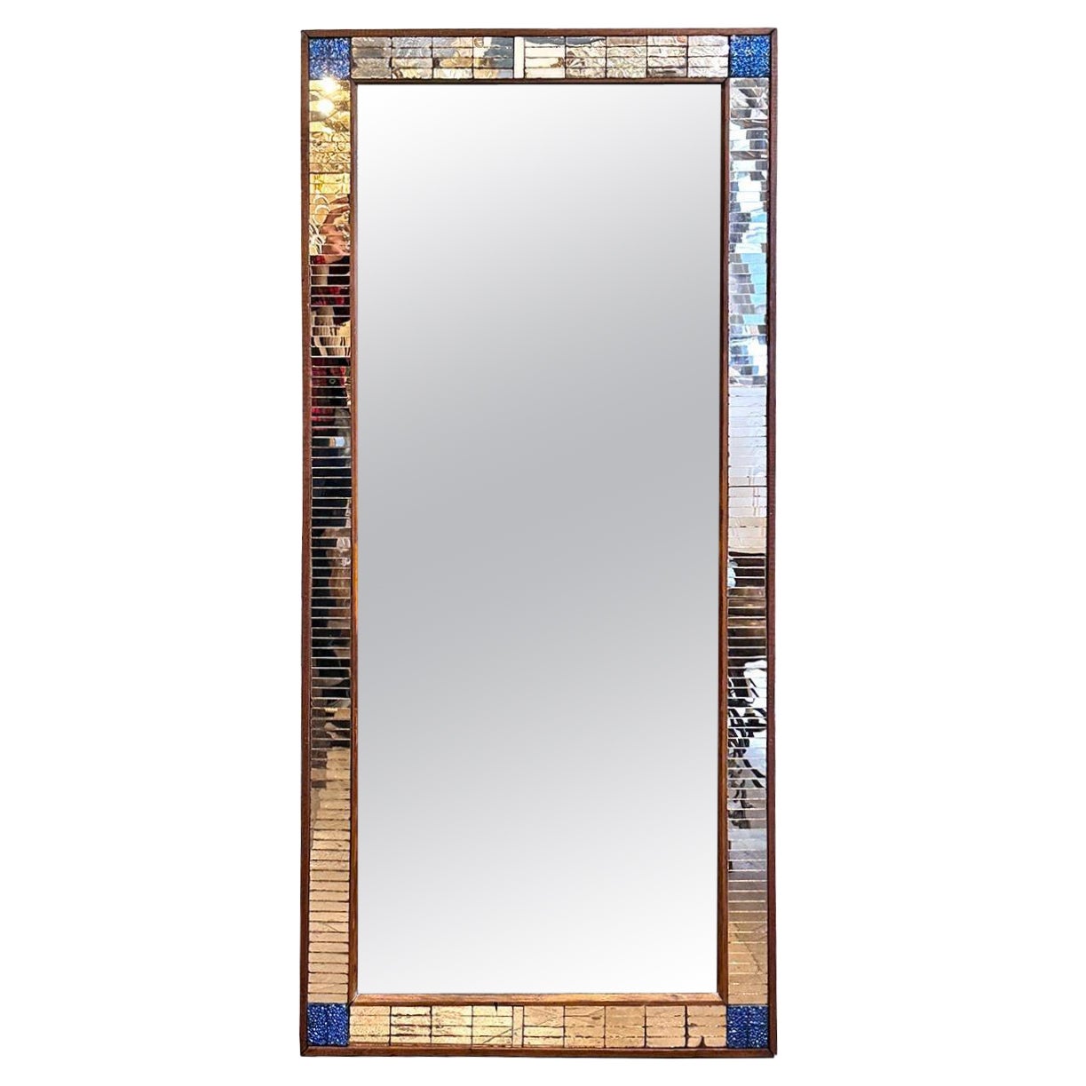 Miroir français vintage en cuivre et mosaïque bleue