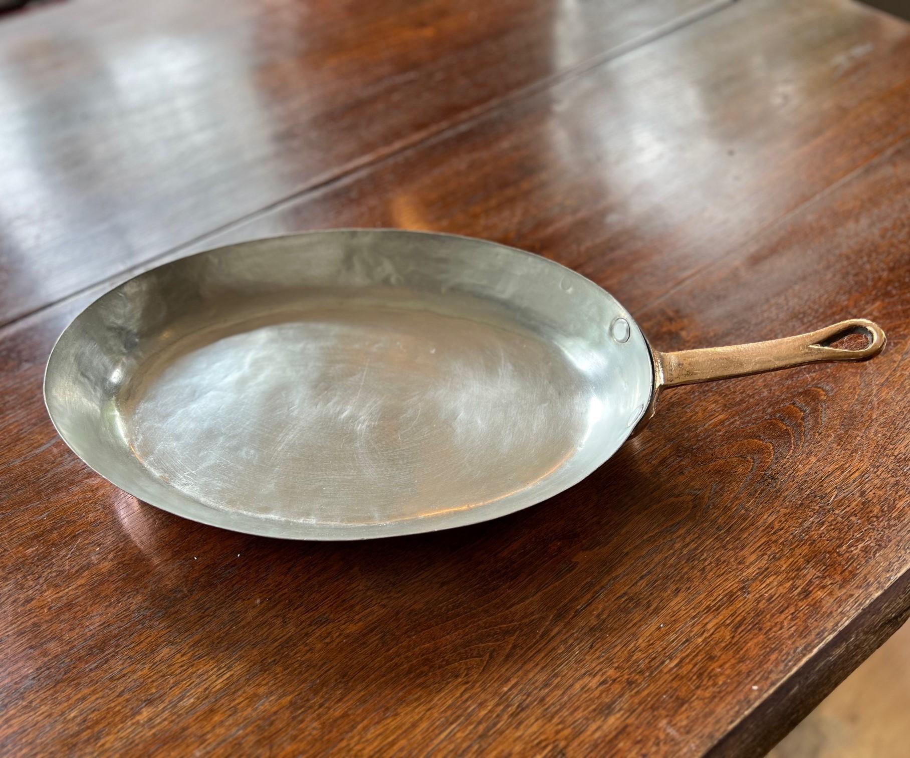 French Provincial Vintage French Copper Oval Gratin Pan - Brass Handle, Tin Lined - Marked GG