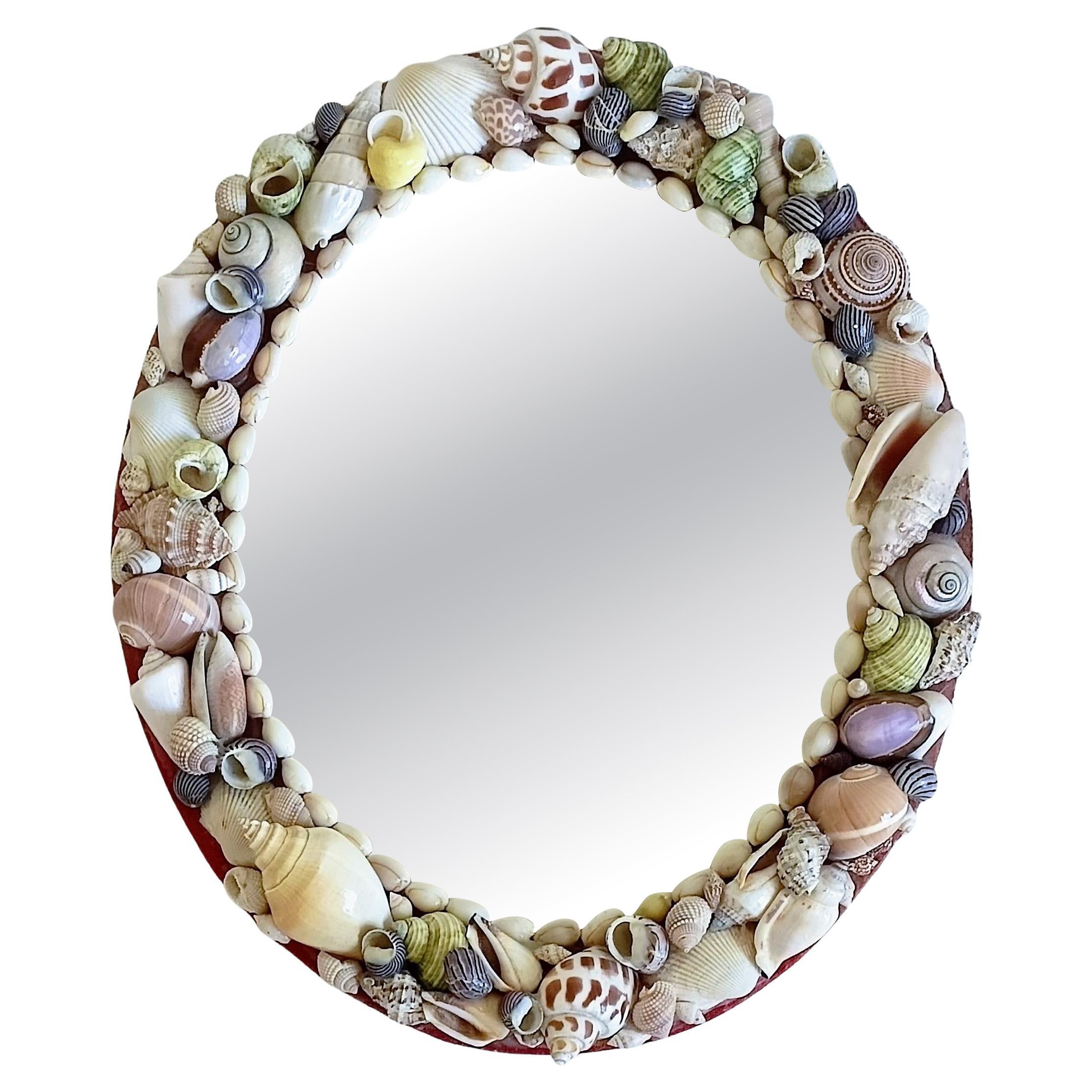 Vintage French ¨Coquillage¨ or Seashells Oval Small Mirror, Early 20th Century