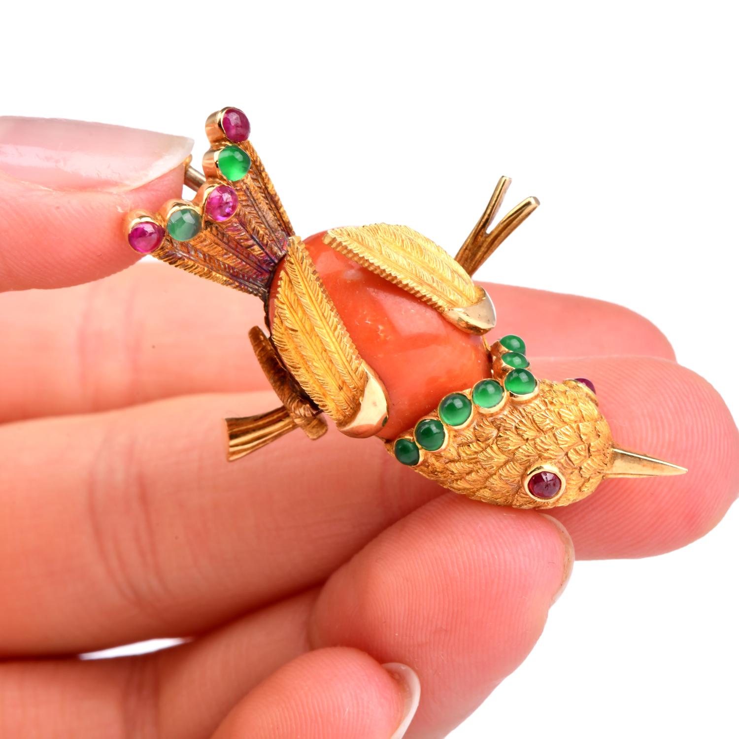 Retro Vintage French Coral Gold Emerald Ruby Bird Brooch Pin For Sale