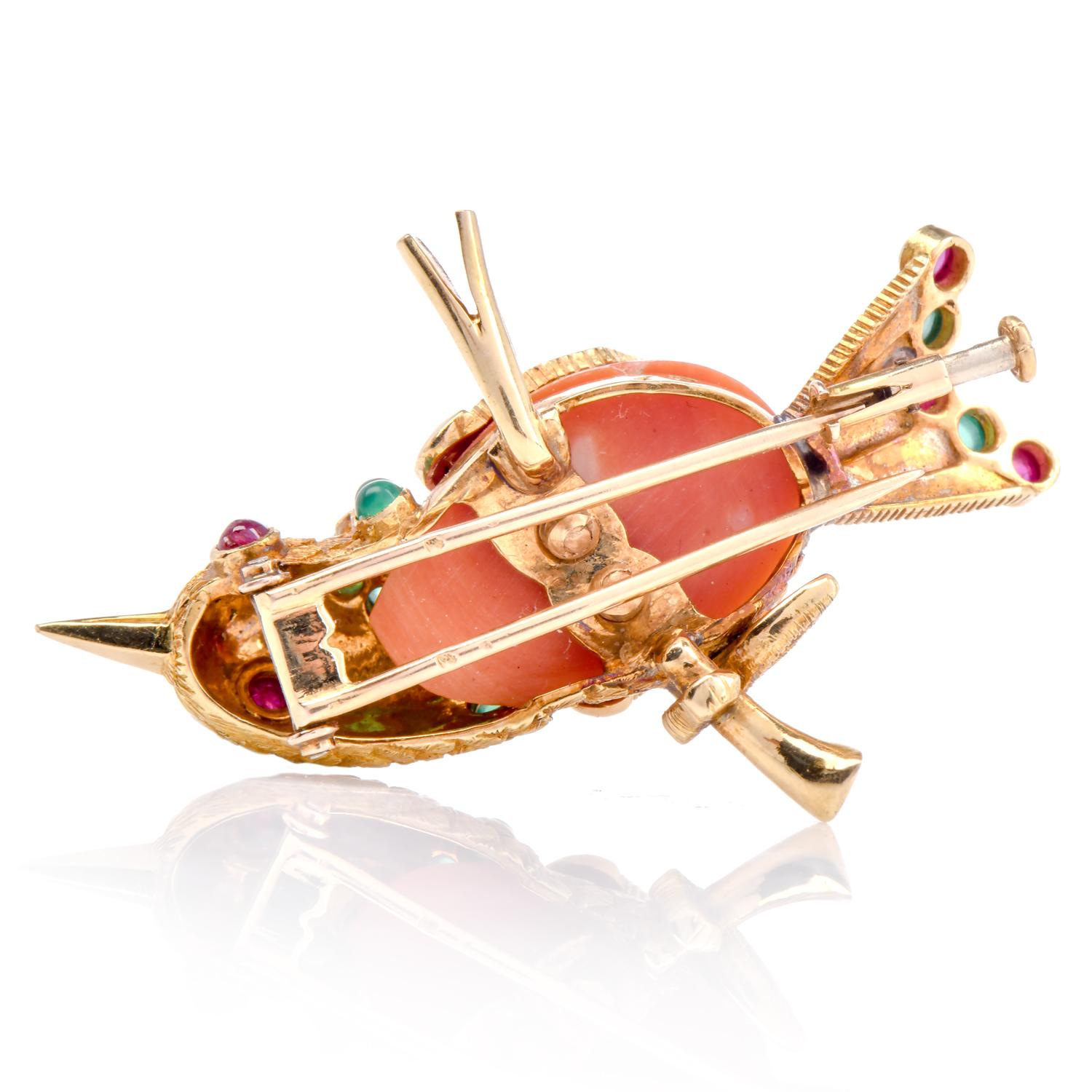 Cabochon Vintage French Coral Gold Emerald Ruby Bird Brooch Pin For Sale