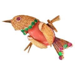 Vintage French Coral Gold Emerald Ruby Bird Brooch Pin