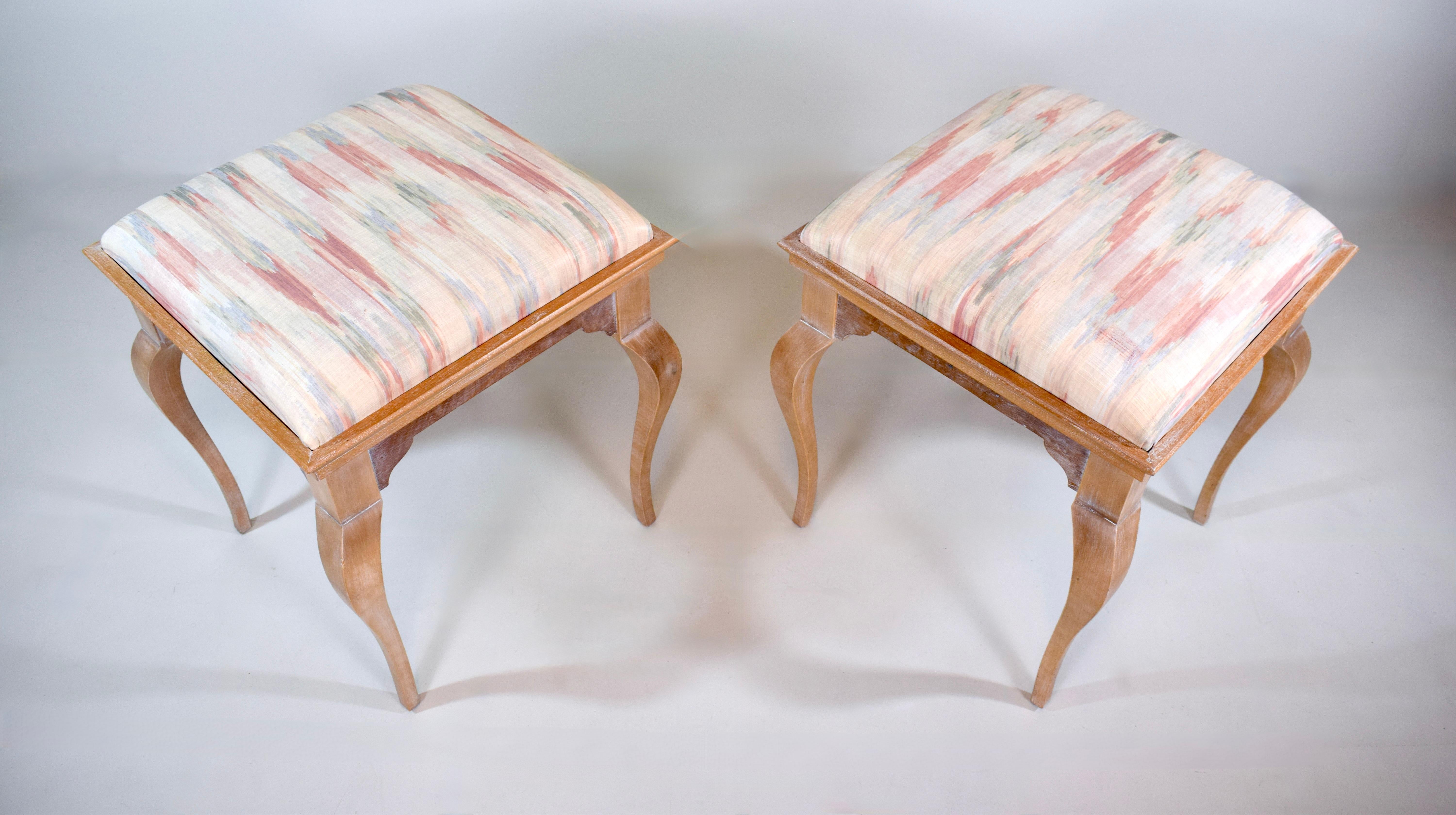Sweet pair of French Country limed birch hardwood stools / benches manufactured in the 1970's by Chapman. Original brass tags are in tact.