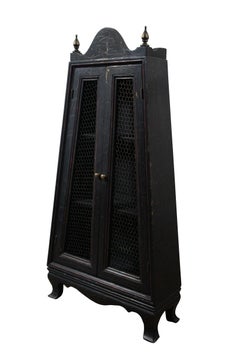 Vintage French Country Black Painted Hanging Wall Shelf Curio Display Cabinet