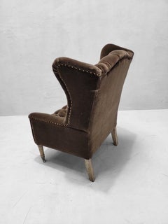 Vintage French Country Button Tufted Wingback Chair Newly Upholstered in Mohair