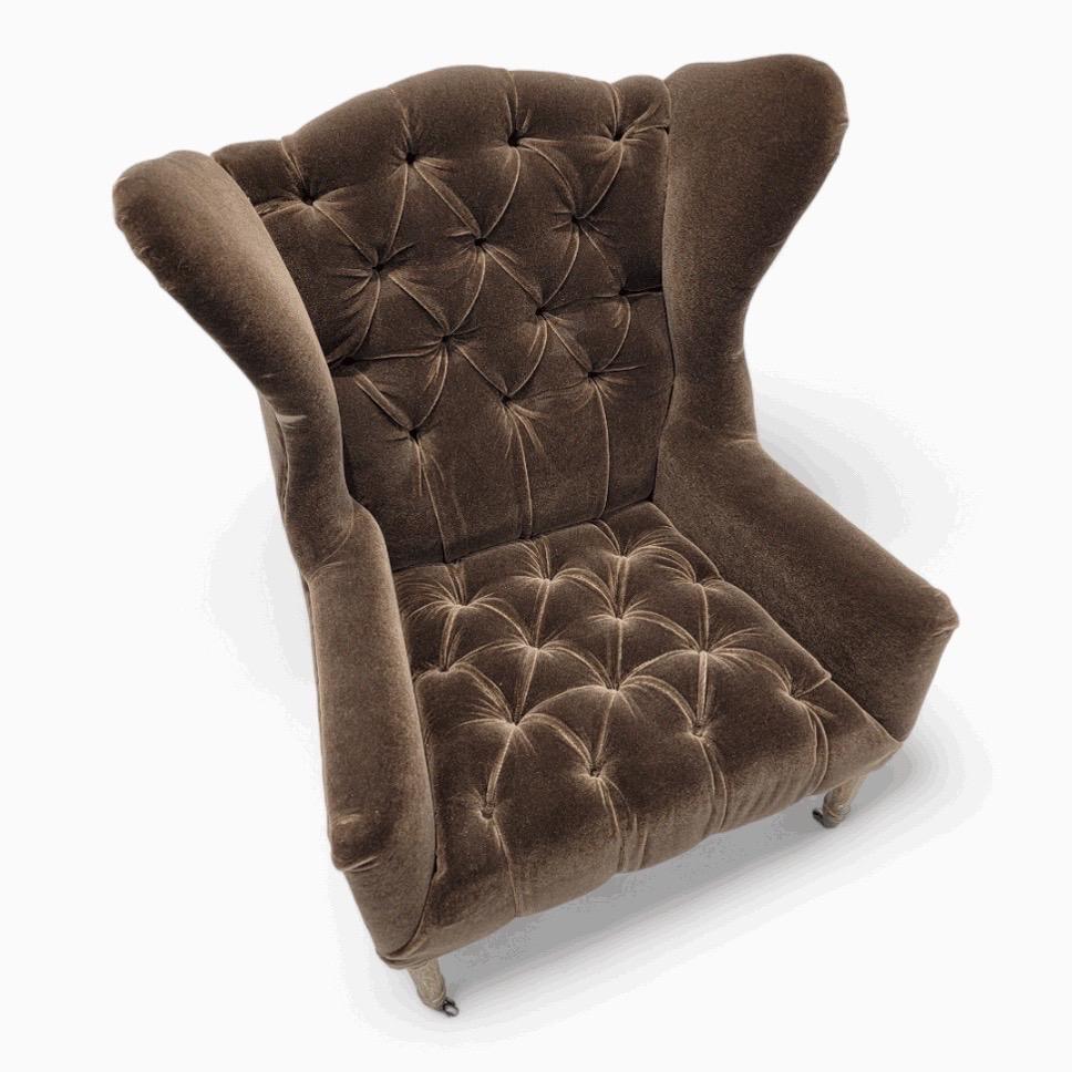 20th Century Vintage French Country Button Tufted Wingback Chair Newly Upholstered in Mohair
