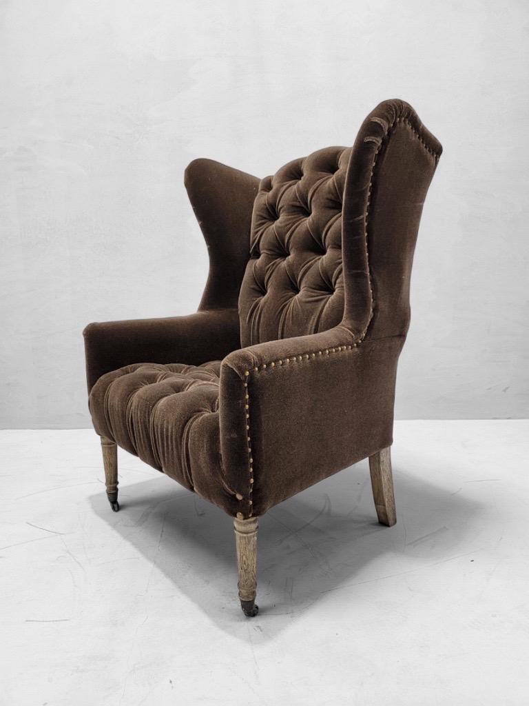 Vintage French Country Button Tufted Wingback Chair Newly Upholstered in Mohair  For Sale 1