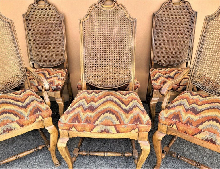 Set of 6 Vintage French Country Caned Back Flamestitch Fabric dining chairs
Set includes 2 arm and 4 side chairs

Approximate Measurements in Inches
Armchairs:
44