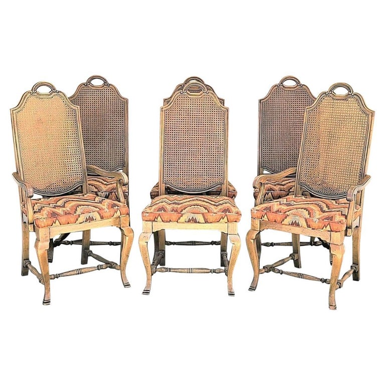 Vintage French Country Caned Back Dining Chairs - Set of 6 For Sale