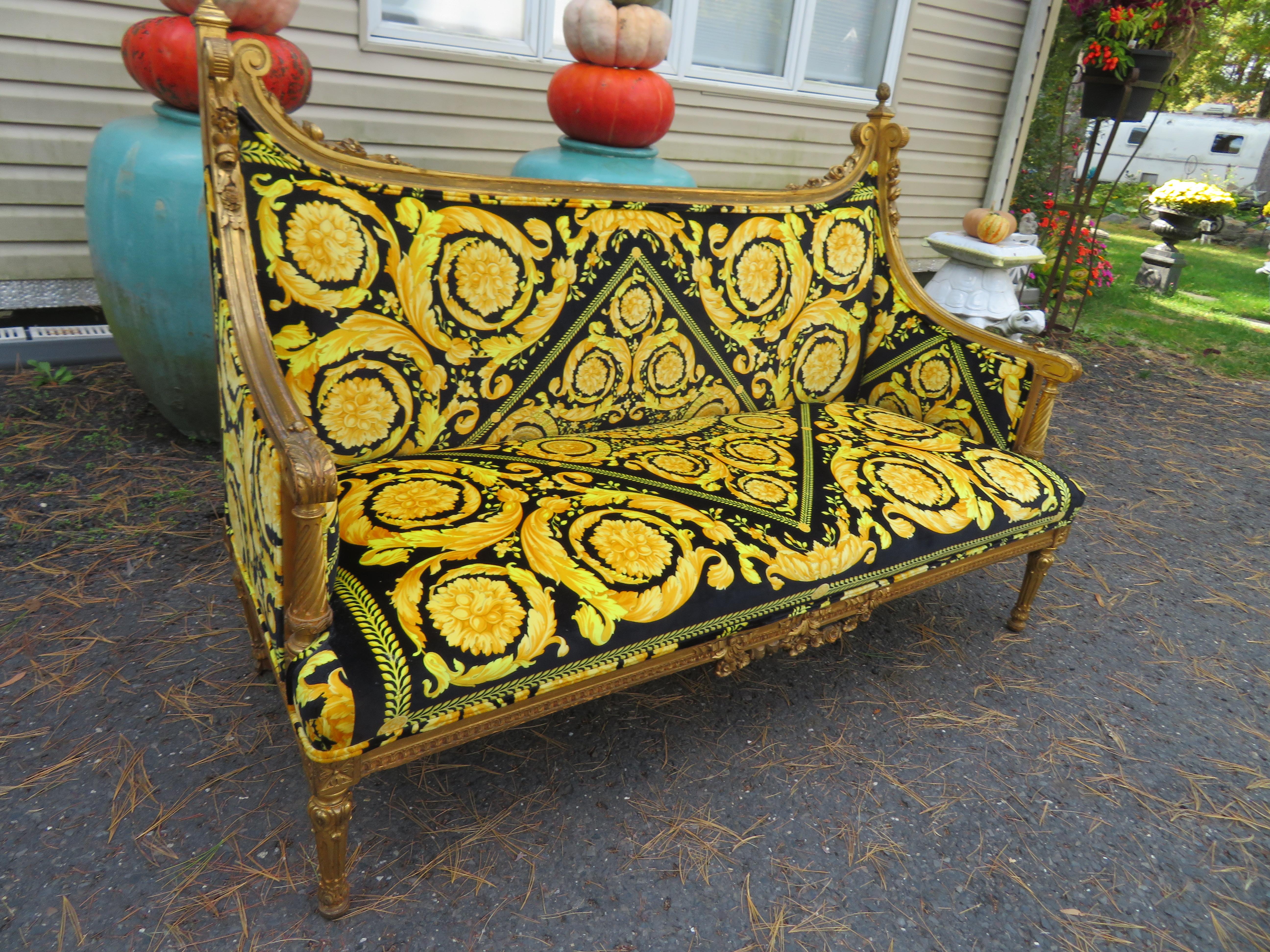 Vintage French Country Carved Curved Wood Sofa with Custom Versace Velvet Fabric For Sale 9