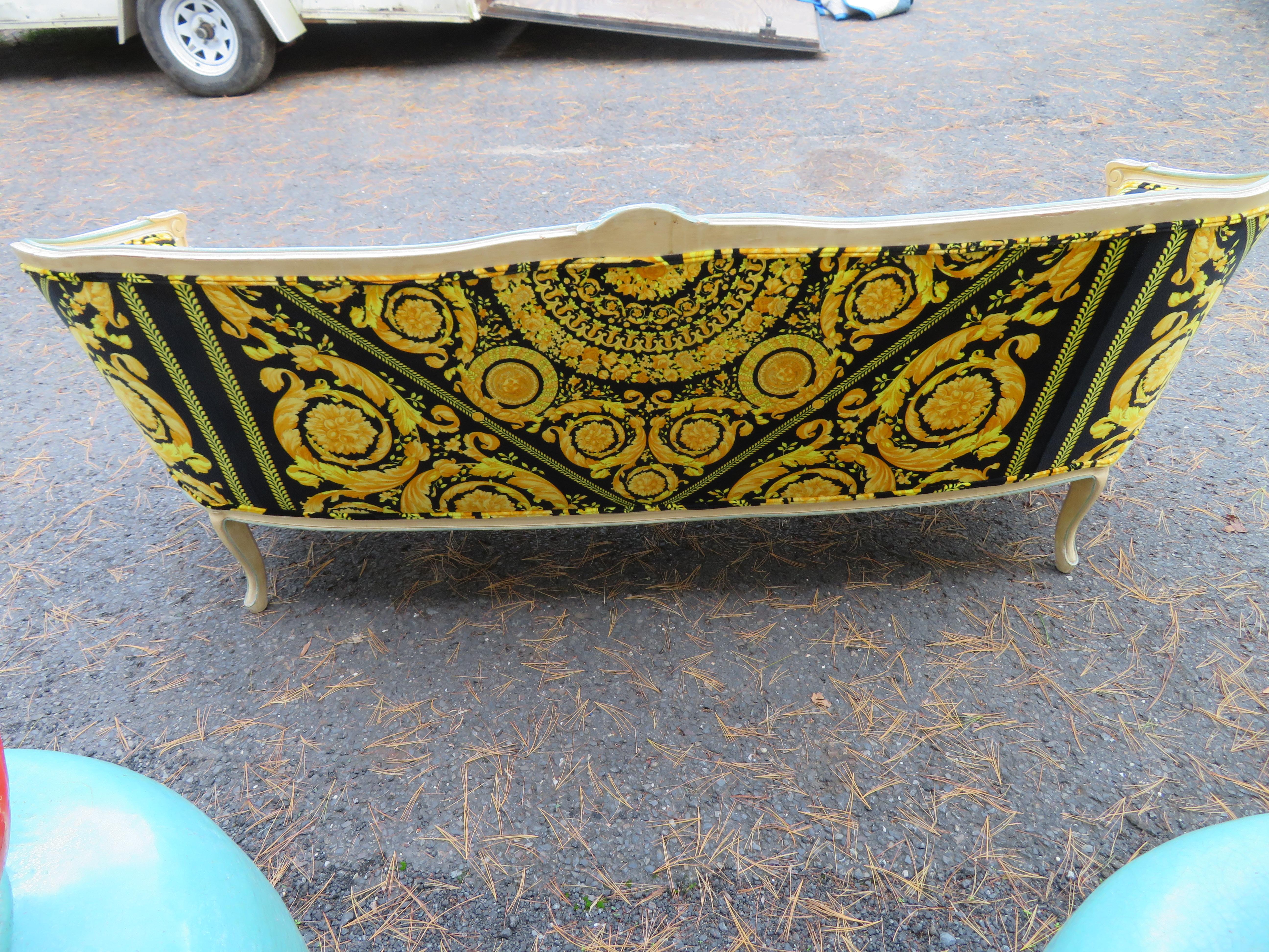 Vintage French Country Carved Curved Wood Sofa with Custom Versace Velvet Fabric In Good Condition For Sale In Pemberton, NJ